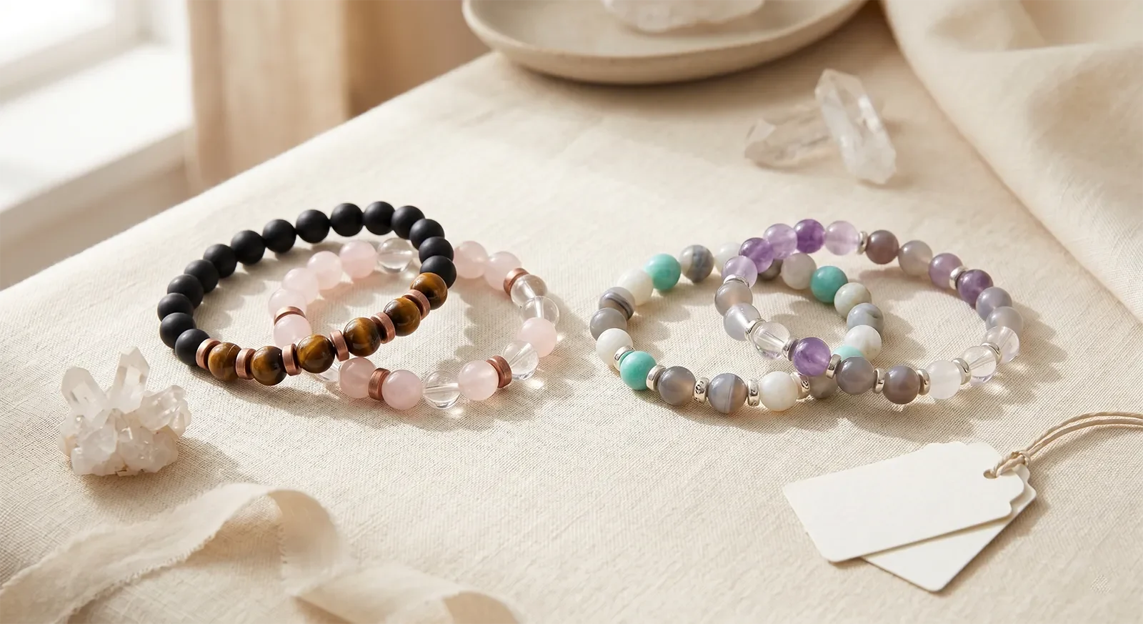 Coordinated healing bracelet pairs for couples or friends arranged on a cream linen surface
