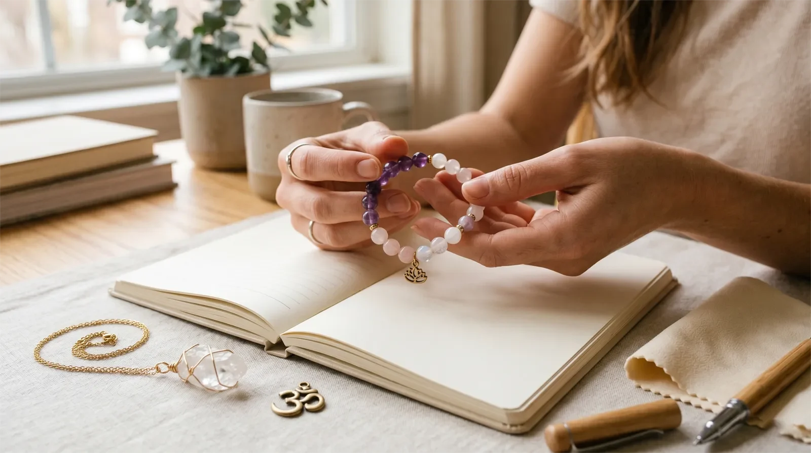 Person holding a healing bracelet above a blank notebook with a pendant necklace, charm, and soft cloth nearby