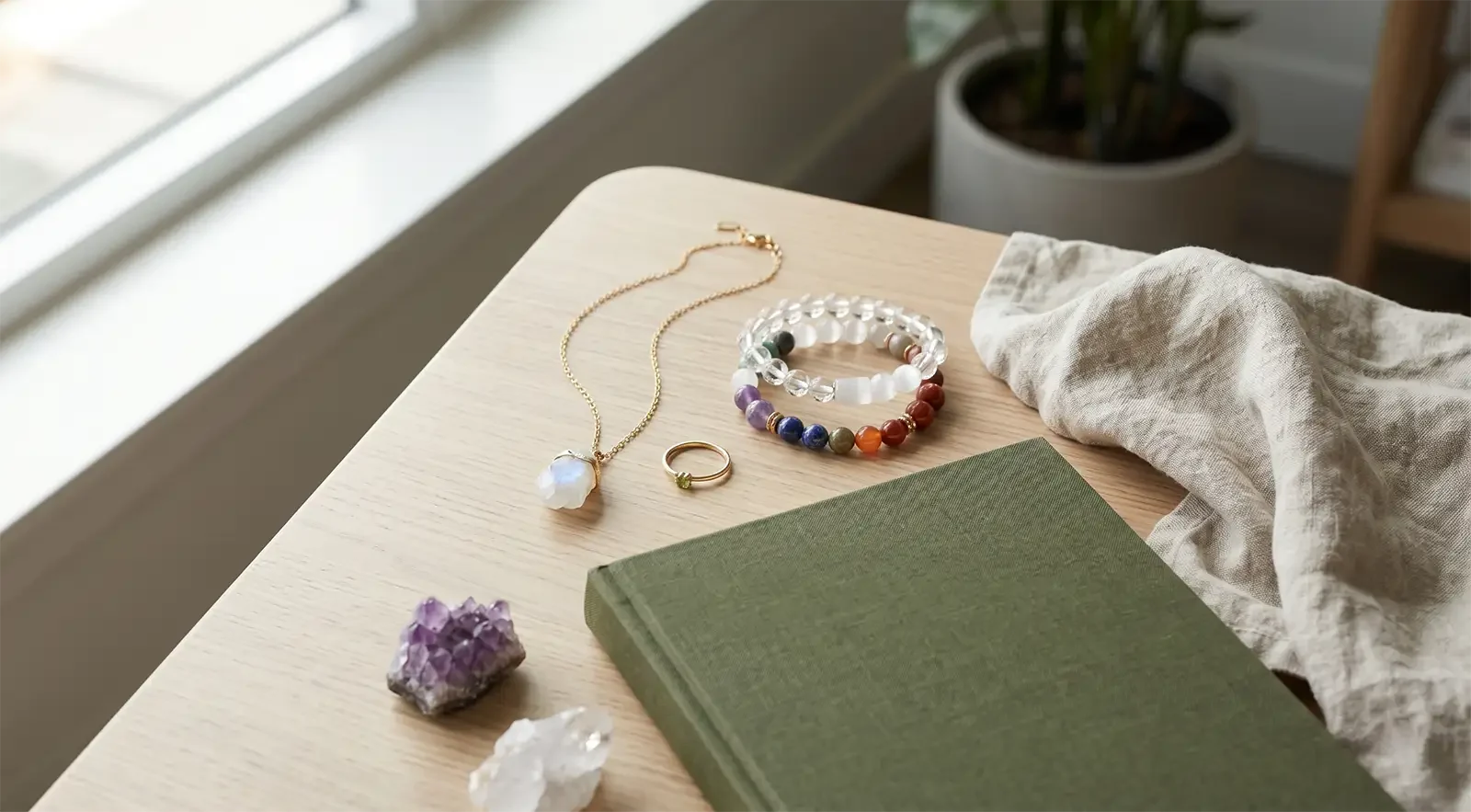 Modern crystal bracelet, chakra-colored bead bracelet, gemstone pendant necklace, and ring displayed beside a journal for modern healing jewelry history