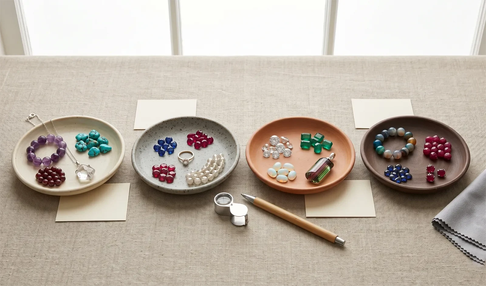 Gemstone beads and small jewelry pieces arranged in separate ceramic dishes beside blank cards for natural synthetic simulant and treated stone terms