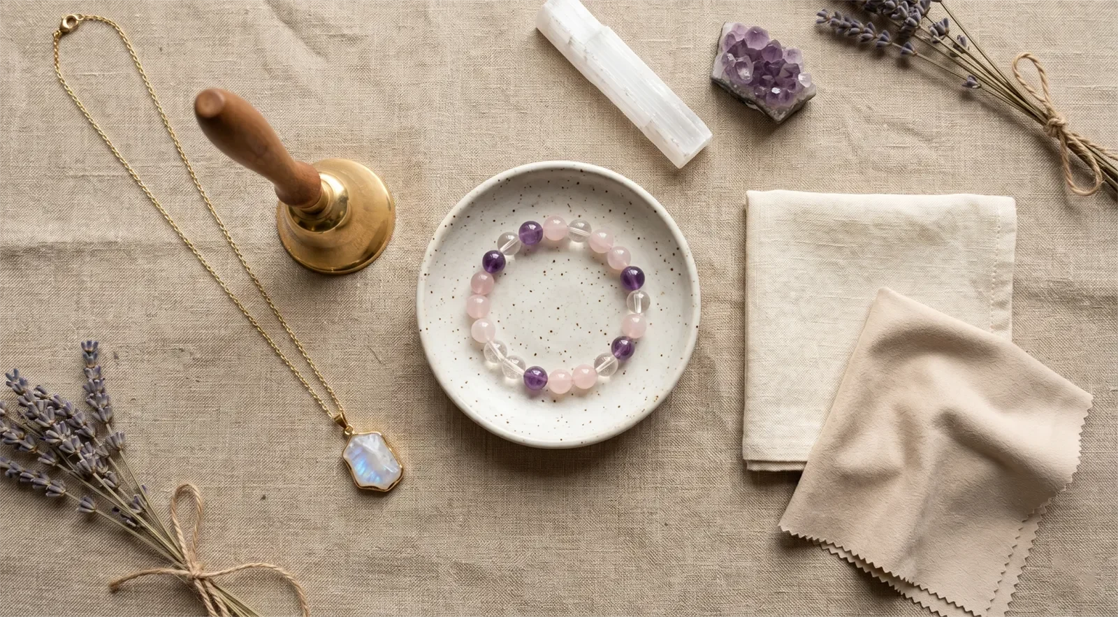 Crystal bracelet and gemstone pendant necklace arranged with a bell, soft cloth, ceramic dish, and linen for no-smoke cleansing alternatives