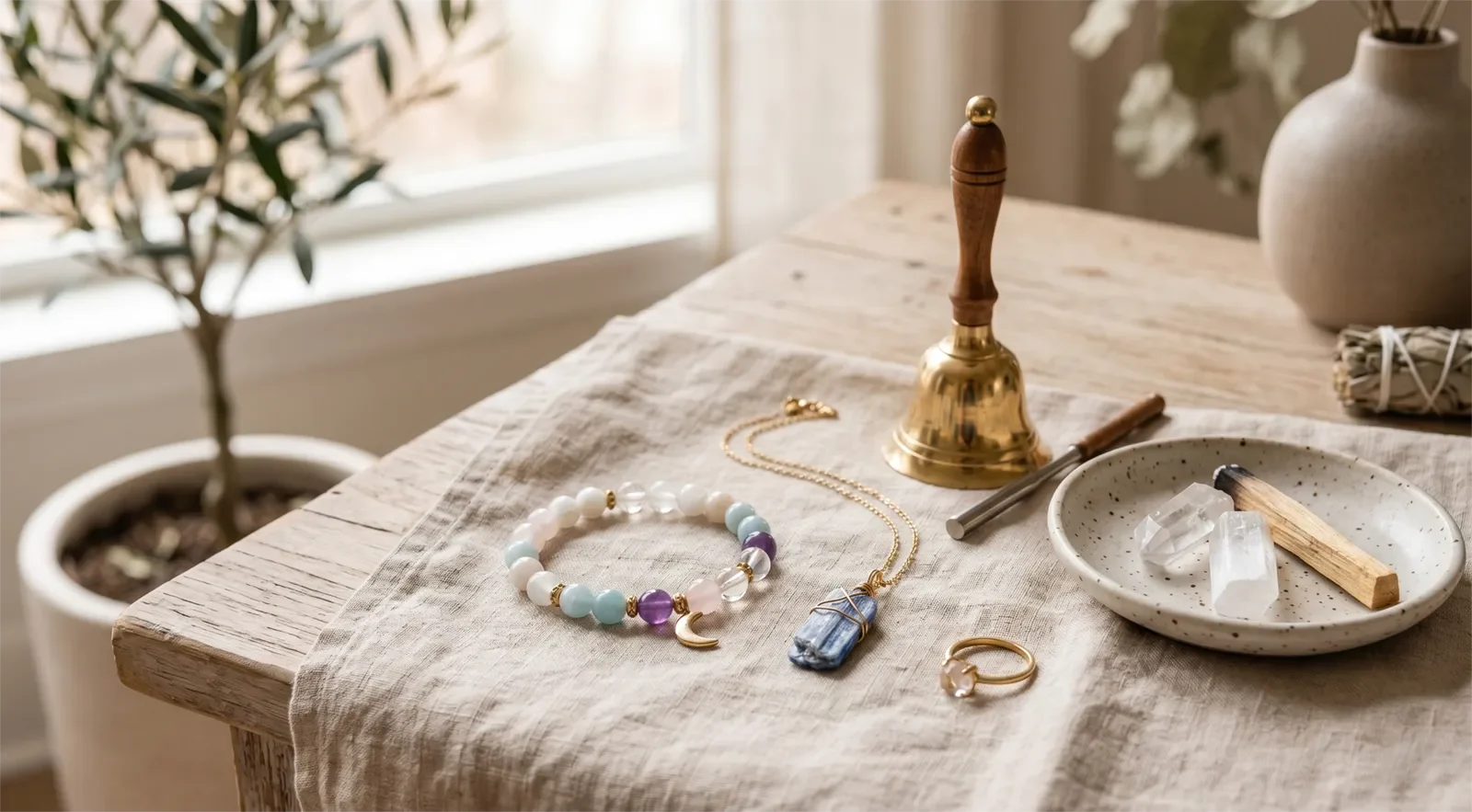 No-water no-smoke cleansing setup with crystal bracelet, pendant, bell, chime, microfiber cloth, and ceramic tray