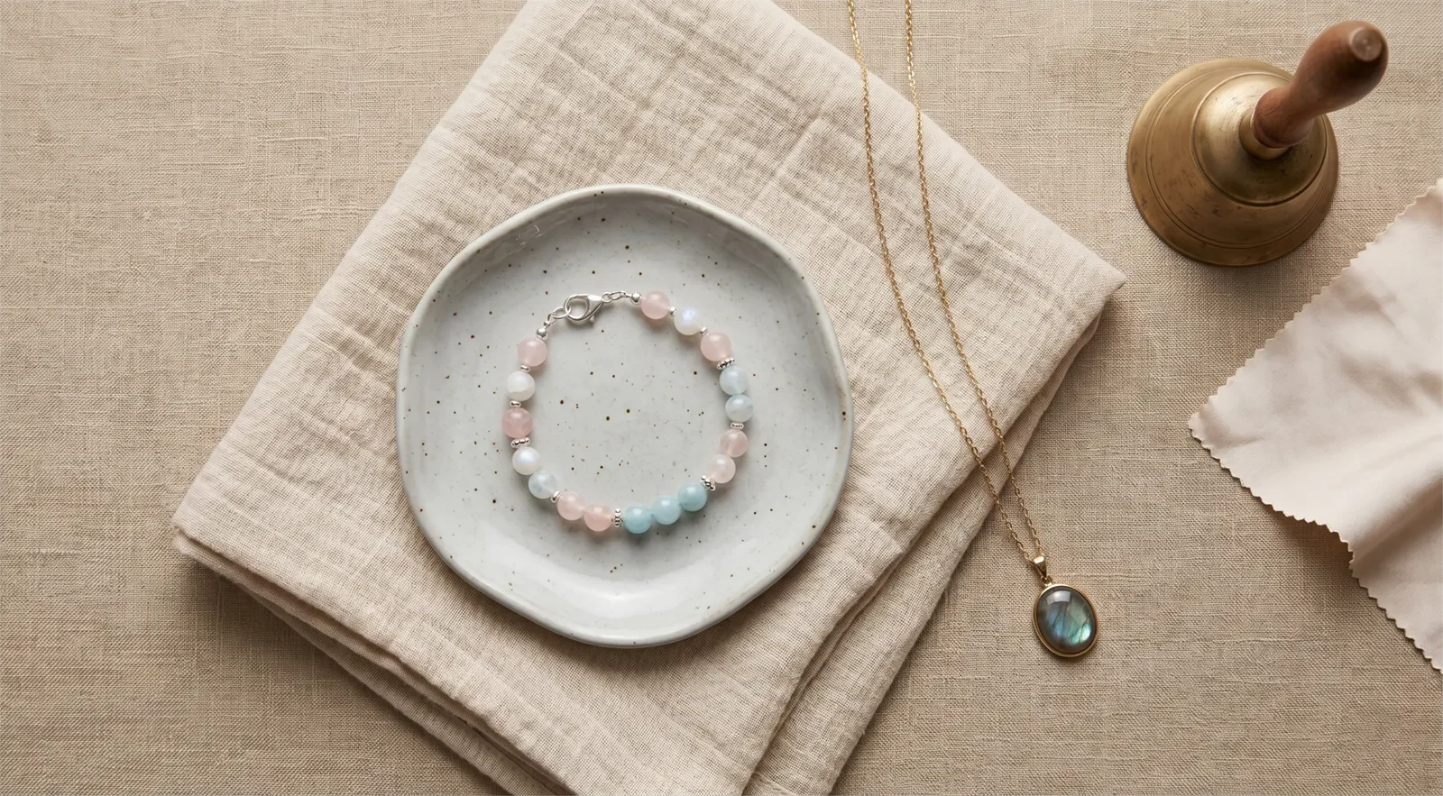 Crystal bracelet and pendant necklace arranged with a soft cloth, ceramic dish, and bell for a no-light symbolic reset