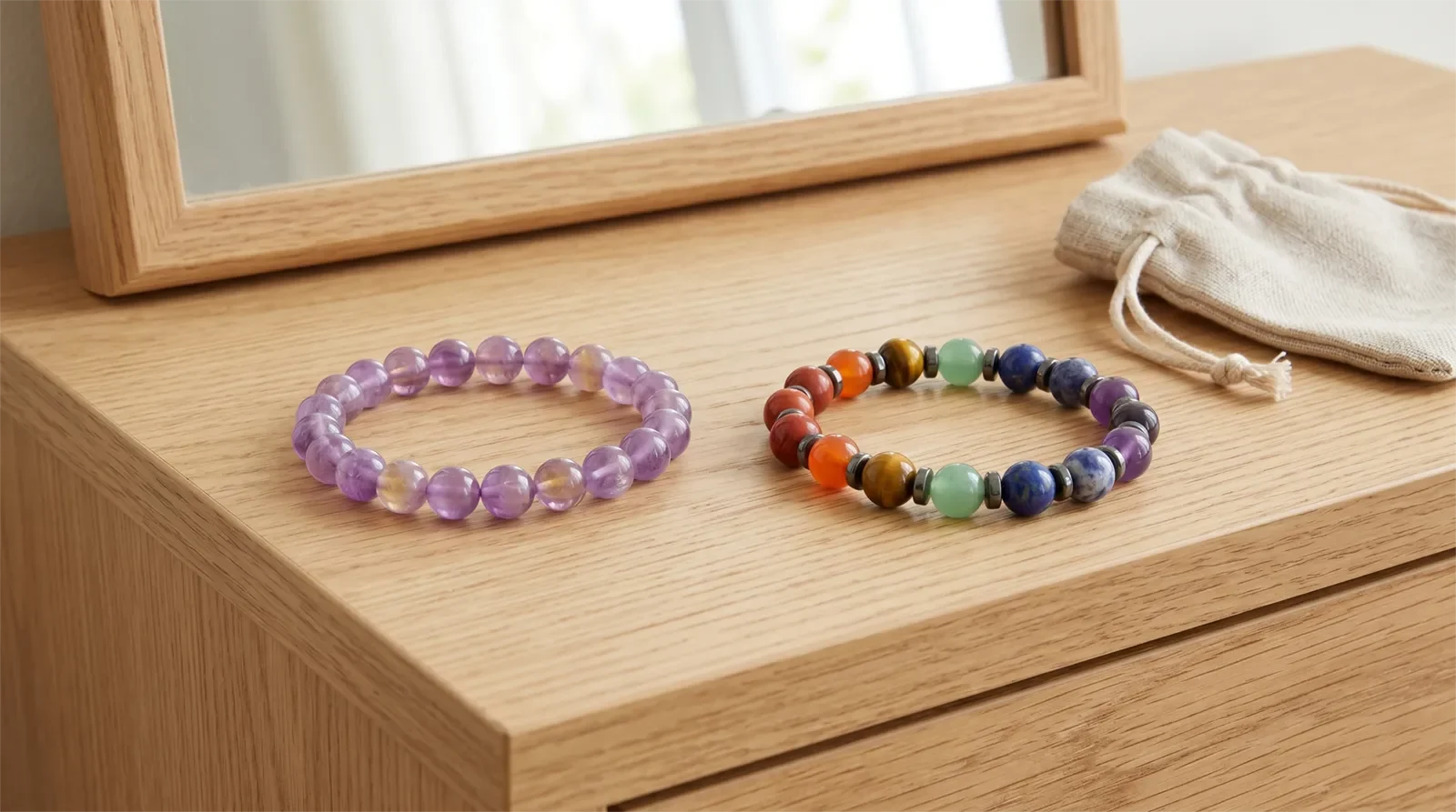 Single-color chakra bracelet on the left and colorful seven-chakra bracelet on the right for comparing chakra jewelry choices