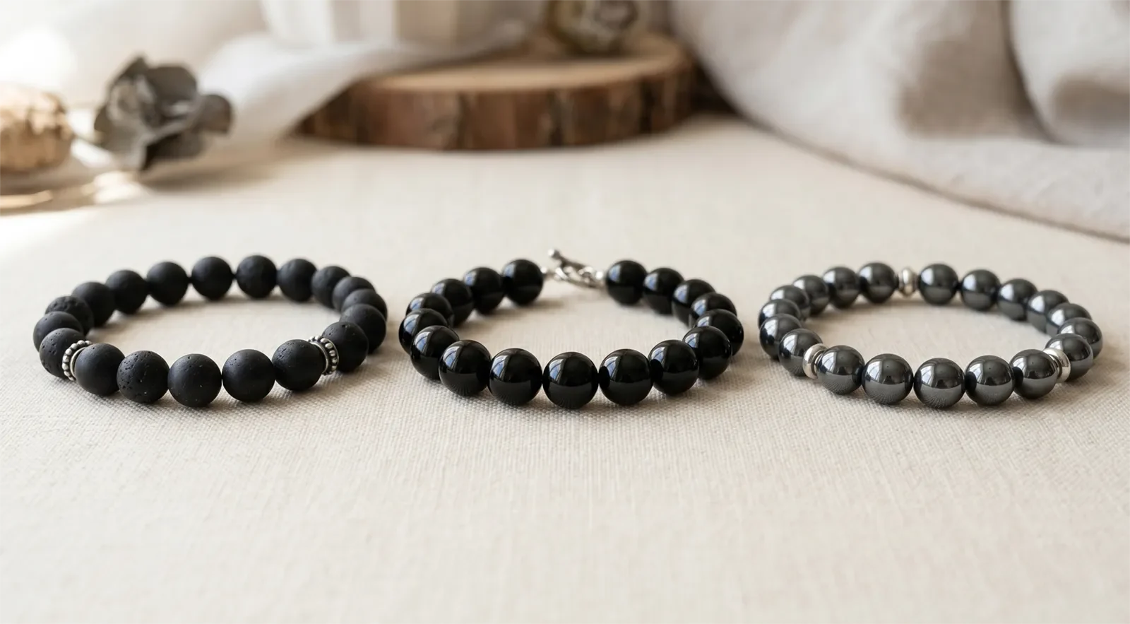 Trang sức tourmaline đen, đá núi lửa đen và đá huyết thiết đặt cạnh nhau trên nền sáng