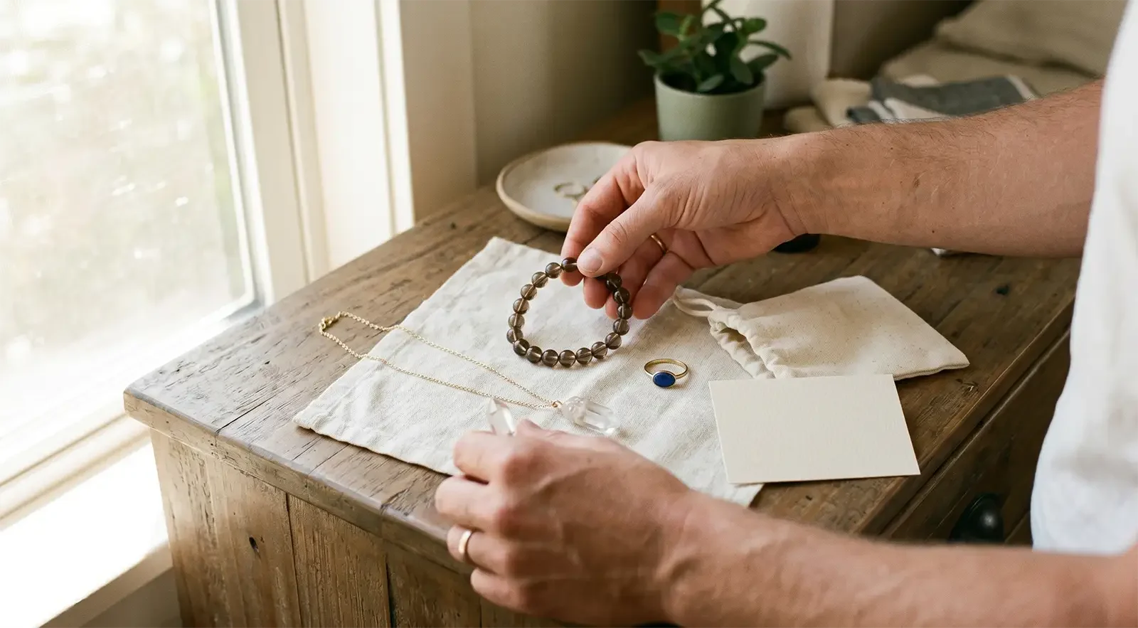 Person comparing simple healing jewelry pieces on a dresser with a blank information card for a responsible jewelry choice