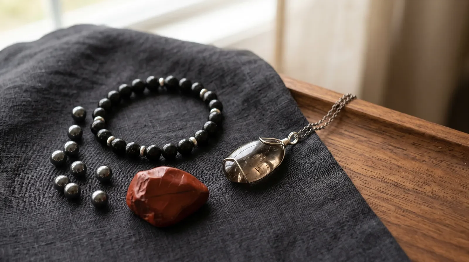 Vòng tay tourmaline đen, hạt đá huyết thiết, đá jasper đỏ và mặt dây thạch anh khói trên nền vải than đậm cho bài luân xa gốc