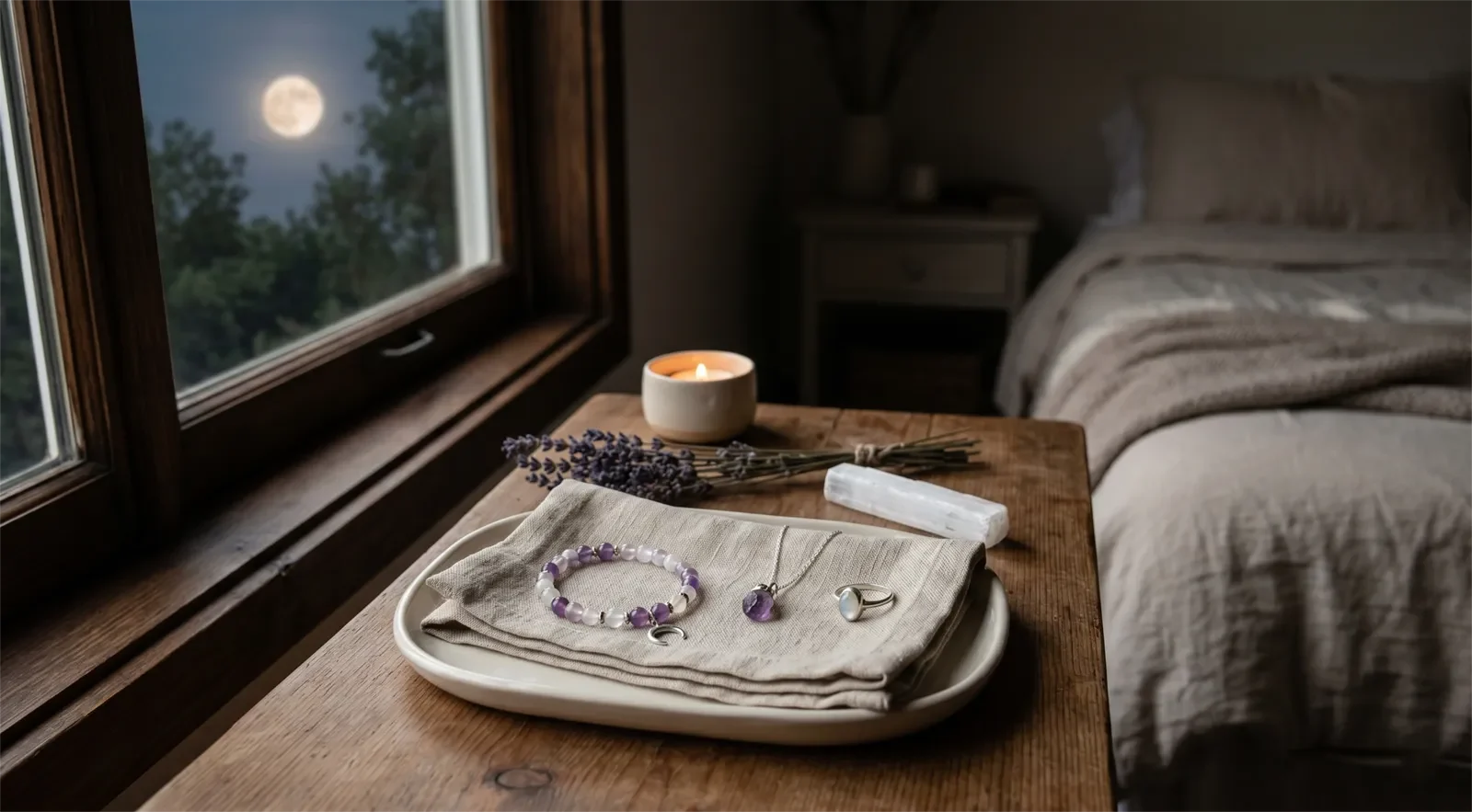 Crystal bracelet, pendant necklace, and ring placed safely indoors on a ceramic tray near soft moonlight