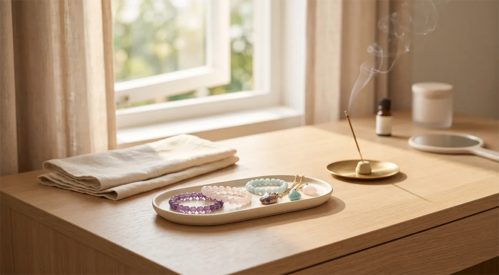 Safe smoke cleansing setup with healing jewelry on a tray, incense holder to the side, soft cloth, and open window for ventilation