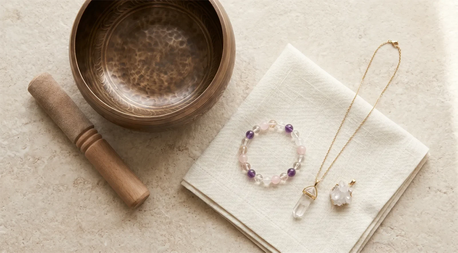 Singing bowl placed near healing jewelry resting safely on soft linen instead of inside the bowl