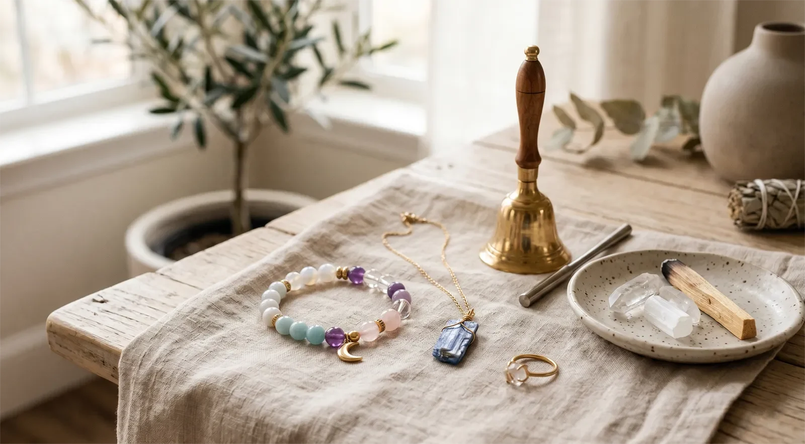 Crystal bracelet, gemstone pendant necklace, and ring placed on beige linen beside a small bell for sound cleansing
