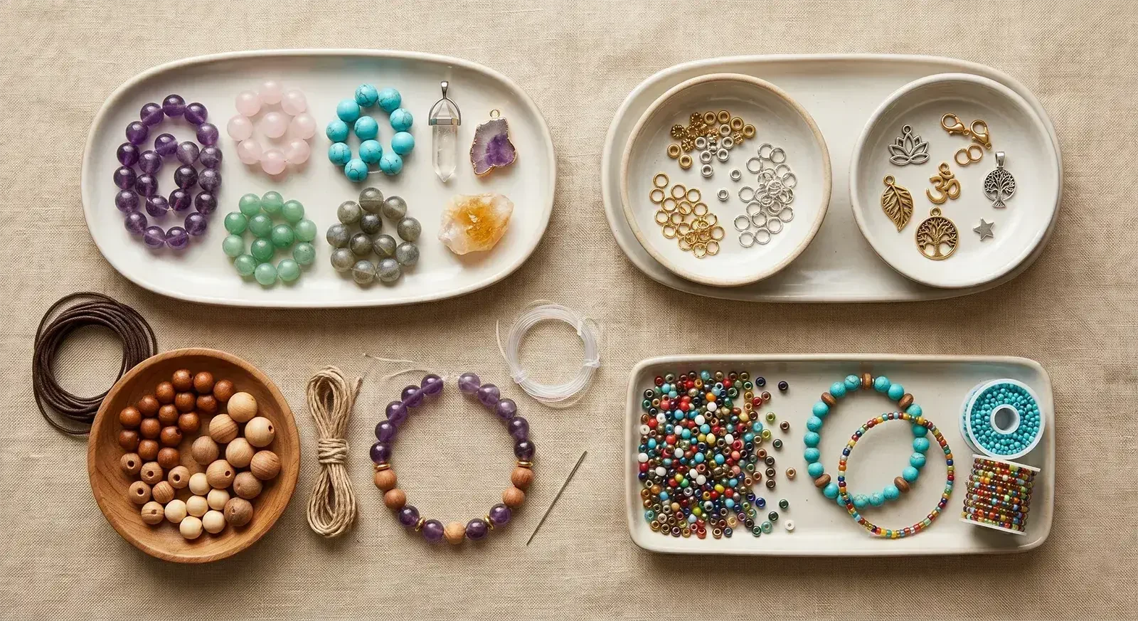 Gemstone beads, crystal pendants, metal charms, wood beads, seed beads, and cords arranged as healing jewelry material groups