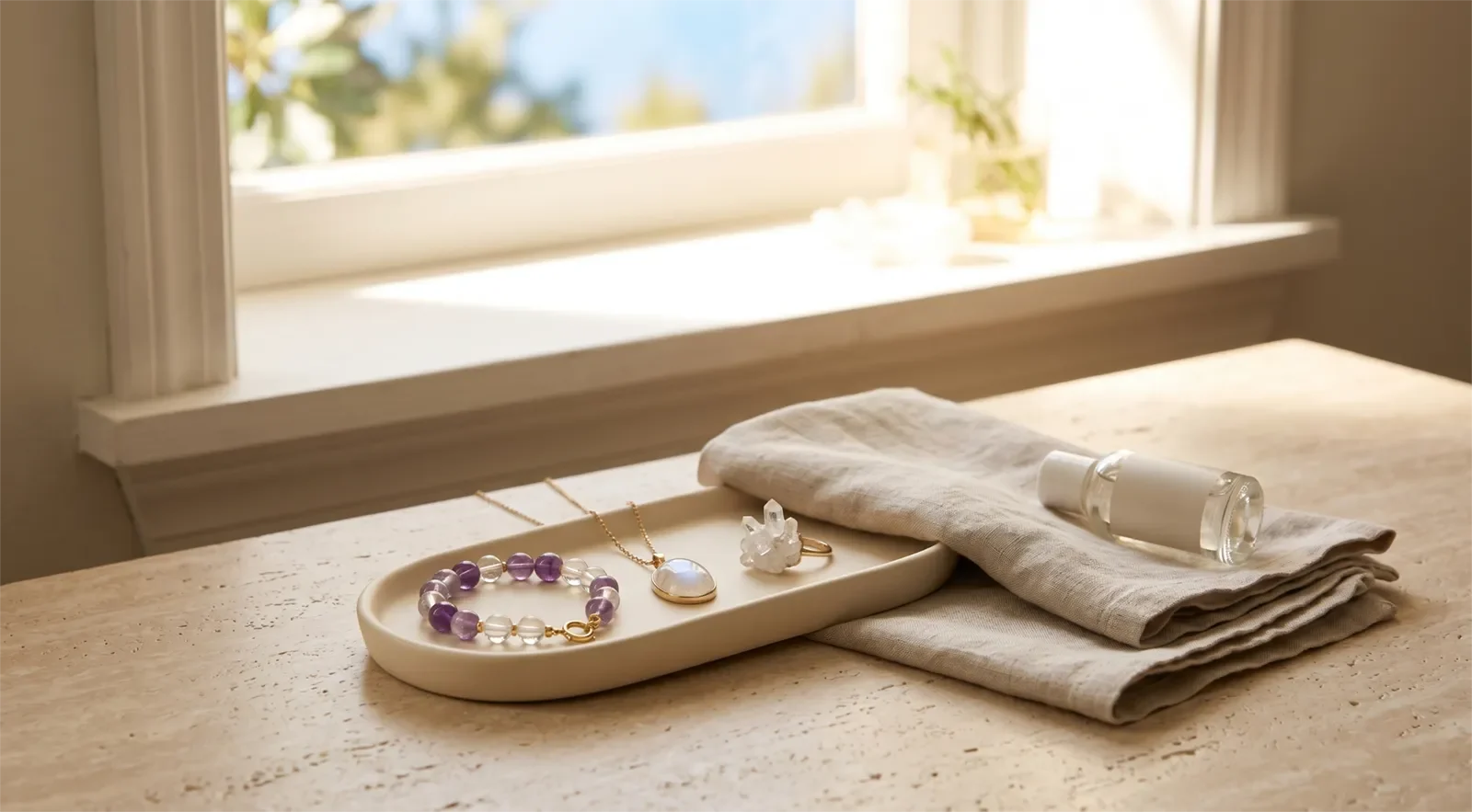 Crystal jewelry kept safely away from a bright sunny windowsill to avoid heat and fading risk