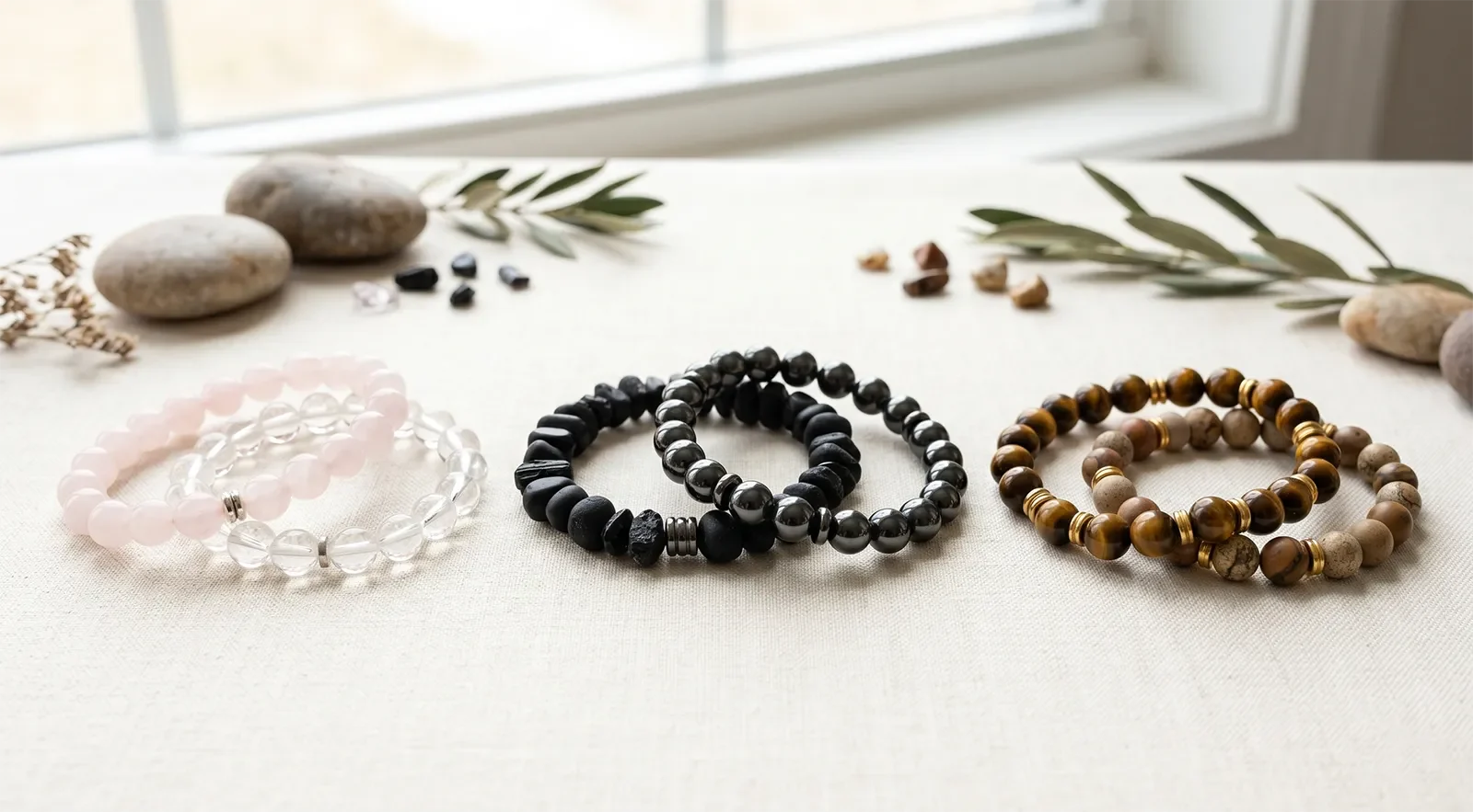 Symbolic bracelet pairs with rose quartz, clear quartz, black tourmaline, hematite, tiger’s eye, and neutral stones