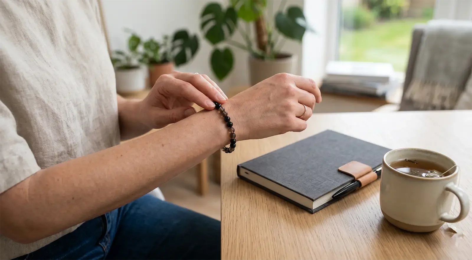 Person gently touching a simple stone bracelet at a clean desk as a symbolic reminder for reflection and intention