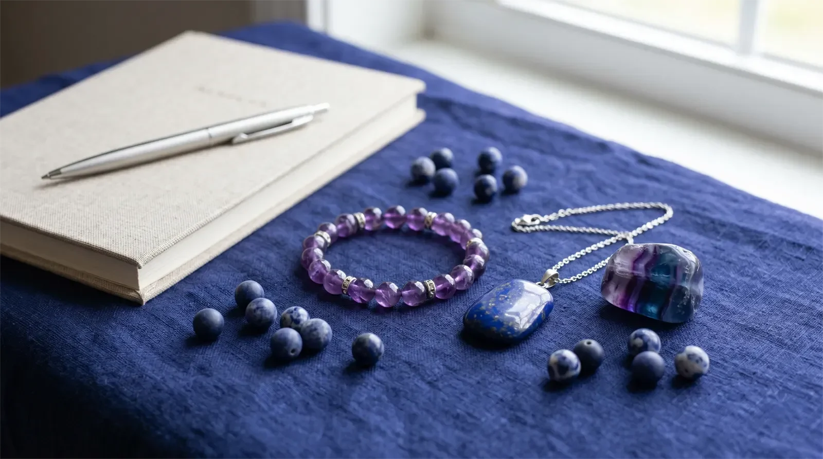 Vòng tay thạch anh tím, mặt dây đá lapis lazuli, đá fluorite và hạt sodalite trên nền vải chàm cho bài luân xa con mắt thứ ba