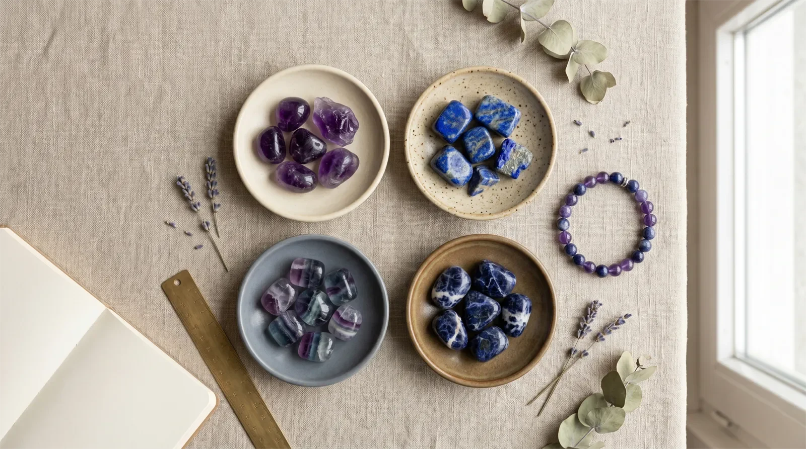 Đá thạch anh tím, lapis lazuli, fluorite và sodalite trong khay gốm cùng vòng tay tím chàm cho luân xa con mắt thứ ba