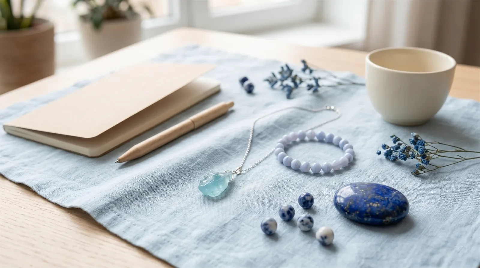 Vòng tay mã não ren xanh, mặt dây aquamarine, hạt sodalite và đá lapis lazuli trên nền vải xanh nhạt cho bài luân xa cổ họng