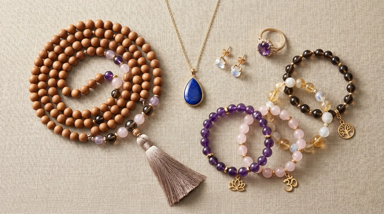 Different types of healing jewelry including bracelets, necklace, pendant, ring, earrings, mala beads, and symbolic charms arranged on beige linen