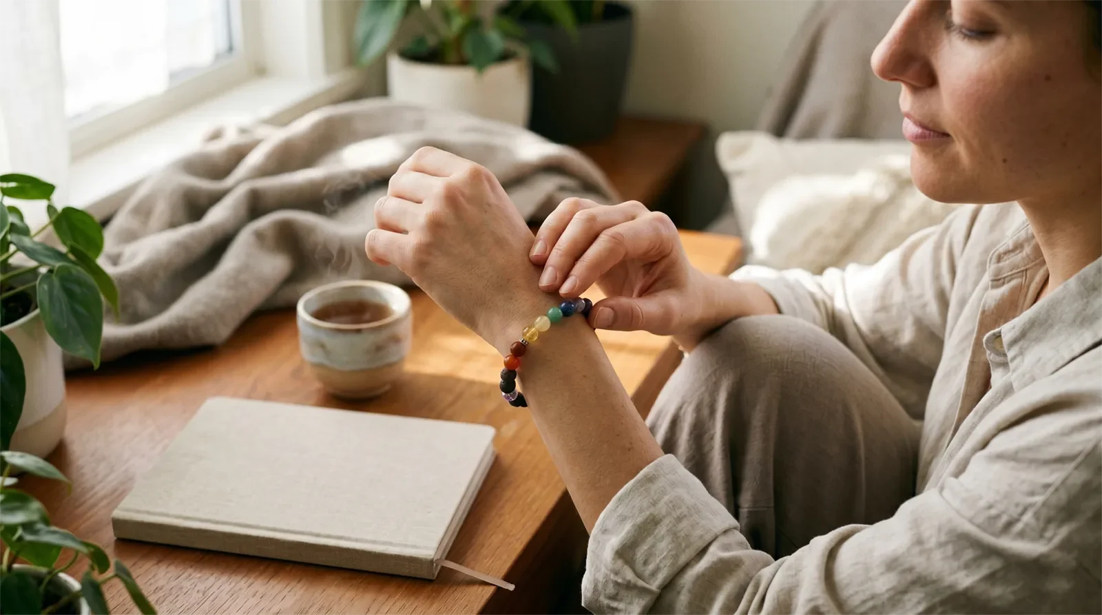 Người nhẹ nhàng chạm vào vòng tay luân xa nhiều màu tại góc làm việc như một lời nhắc chánh niệm hằng ngày