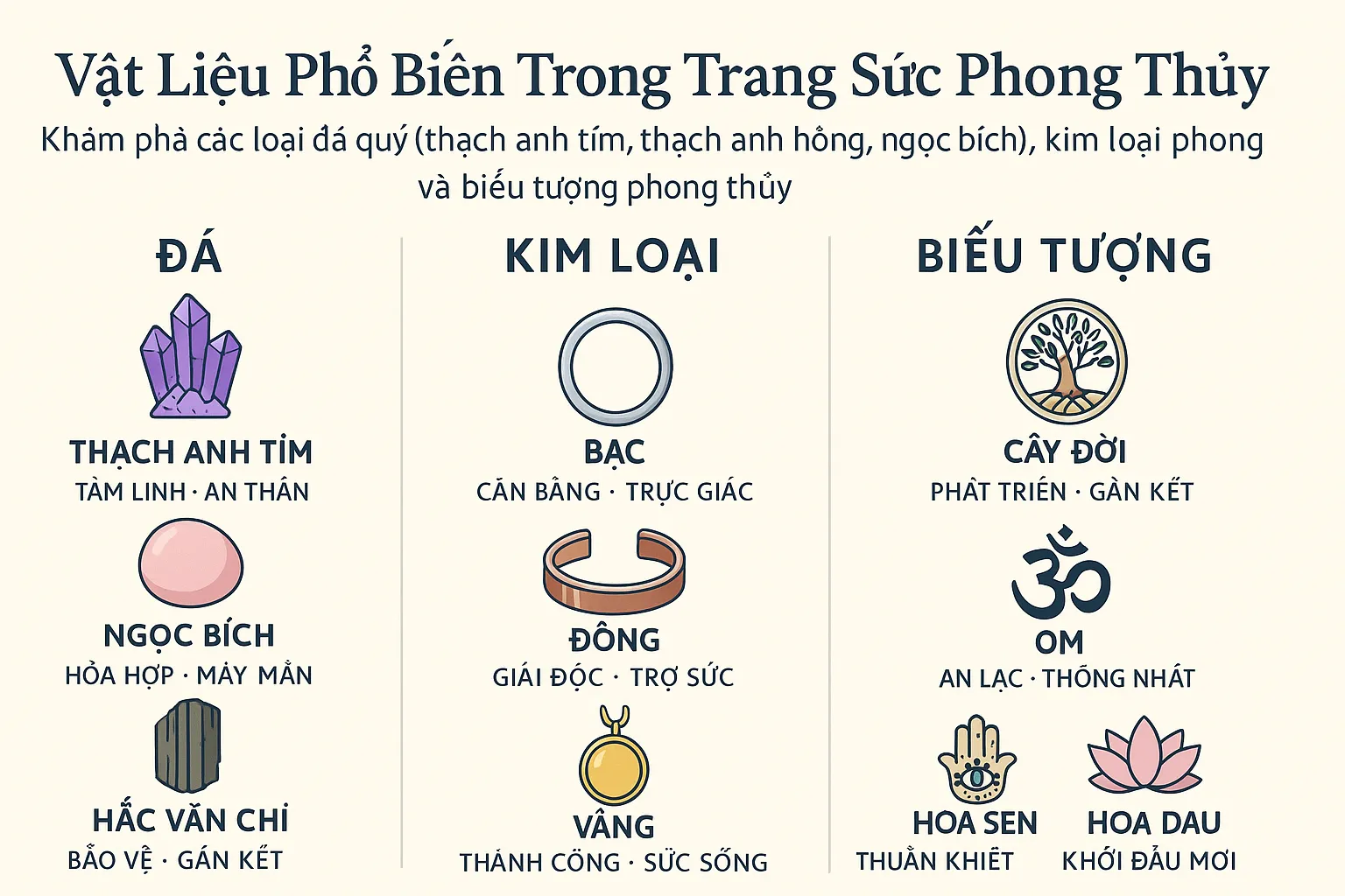 Một infographic minh họa các "Vật Liệu Phổ Biến Trong Trang Sức Phong Thủy Và Ý Nghĩa Của Chúng", chia thành ba cột: Đá chữa lành, Kim loại linh thiêng, và Biểu tượng tâm linh. Các loại đá gồm thạch anh tím (tâm linh, an thần), thạch anh hồng (tình yêu, chữa lành), hắc vân chi (bảo vệ, gắn kết), và citrine (năng lượng, tài lộc). Kim loại gồm bạc (cân bằng, trực giác), đồng (giải độc, hỗ trợ), và vàng (thành công, sức sống). Biểu tượng gồm cây sự sống (phát triển, kết nối), Om (an lạc, thống nhất), bàn tay Hamsa (bảo vệ, bình an), và hoa sen (thuần khiết, tái sinh). Hình vẽ tông màu đất, nền sáng, chữ đậm rõ ràng.