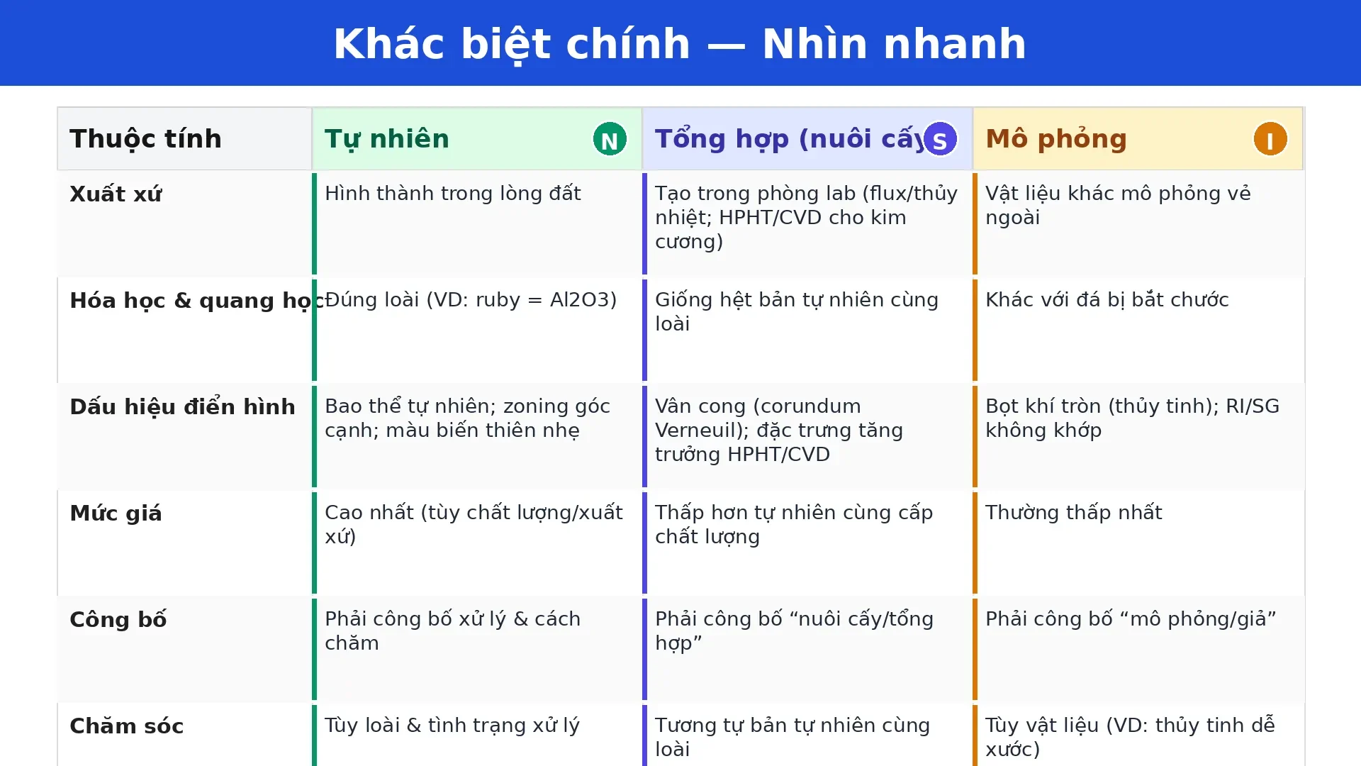 Infographic dạng bảng so sánh Tự nhiên vs Tổng hợp vs Mô phỏng theo xuất xứ, hóa học/quang học, dấu hiệu nhận biết, mức giá, công bố và cách chăm.