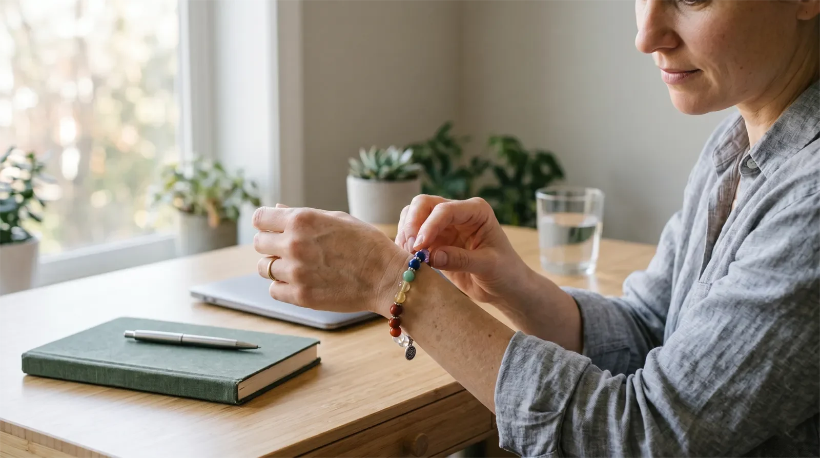 Person gently touching a chakra bracelet at a clean desk as a simple daily reminder