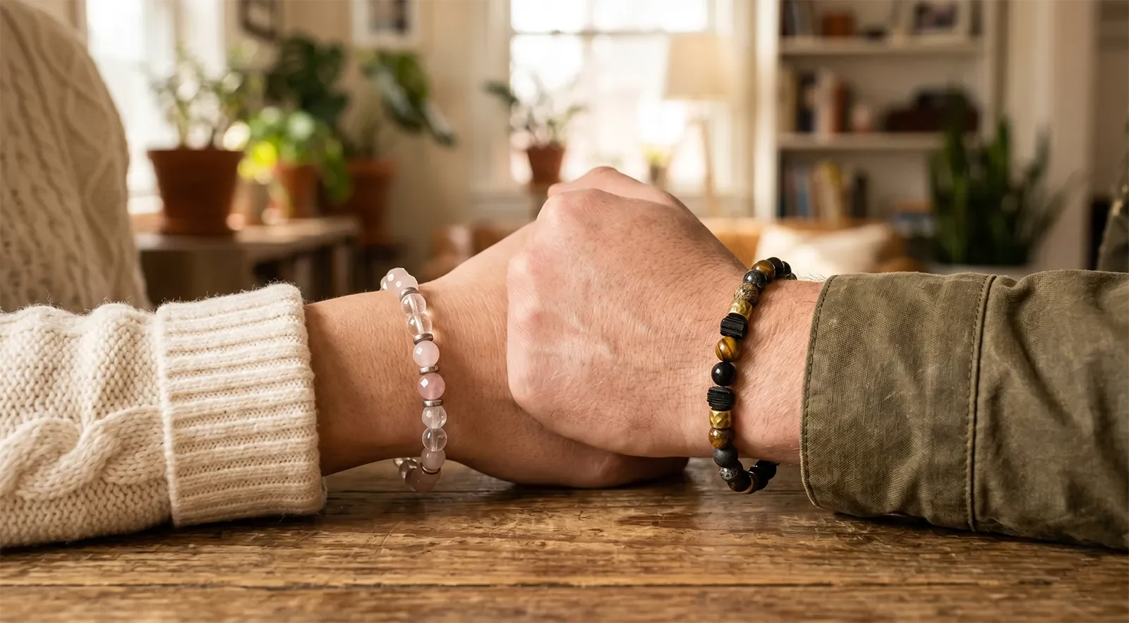 Two people wearing coordinated healing bracelets that feel connected but not identical