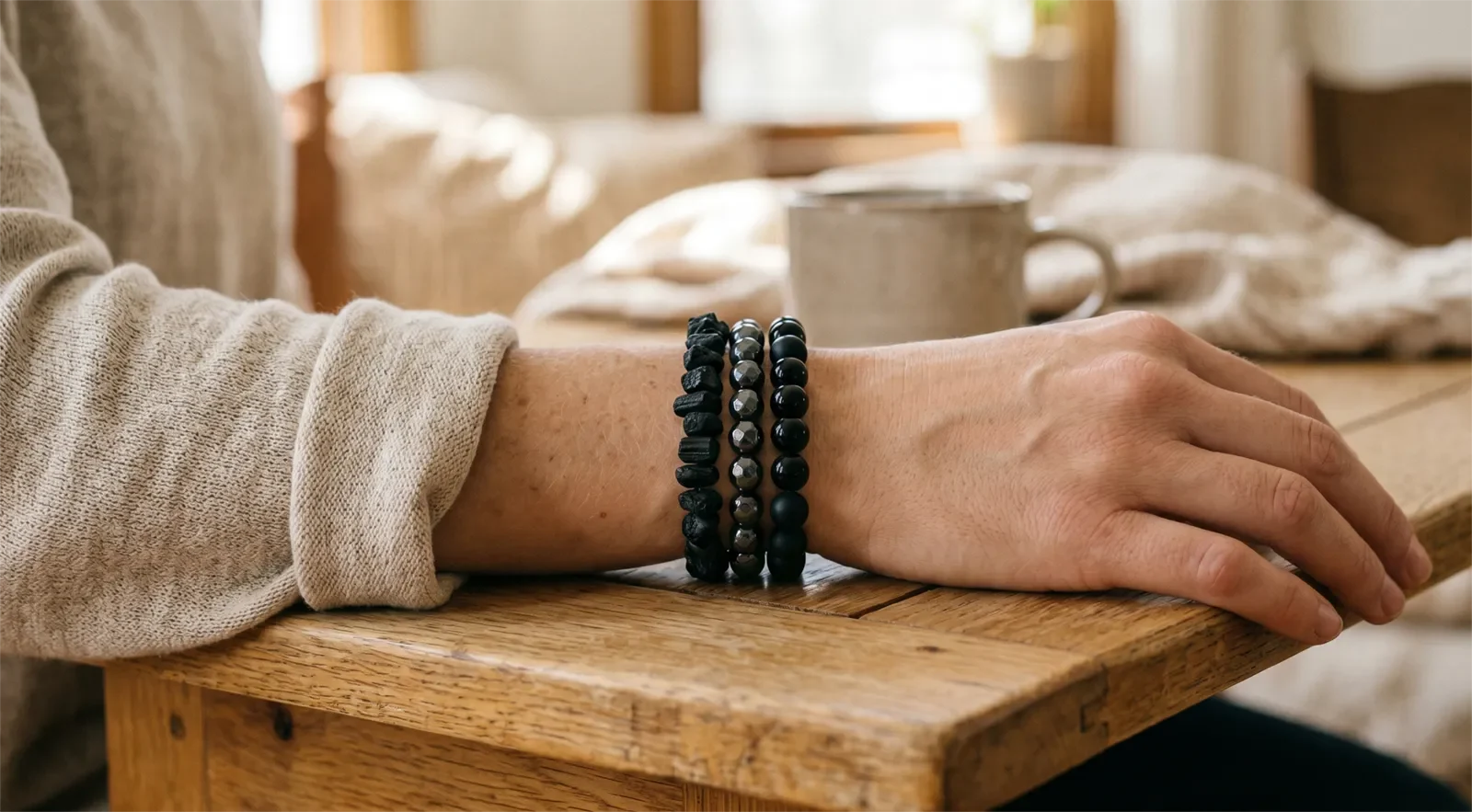 Người đeo nhiều vòng tay đá bảo hộ màu đen gồm tourmaline đen, đá núi lửa đen và đá huyết thiết
