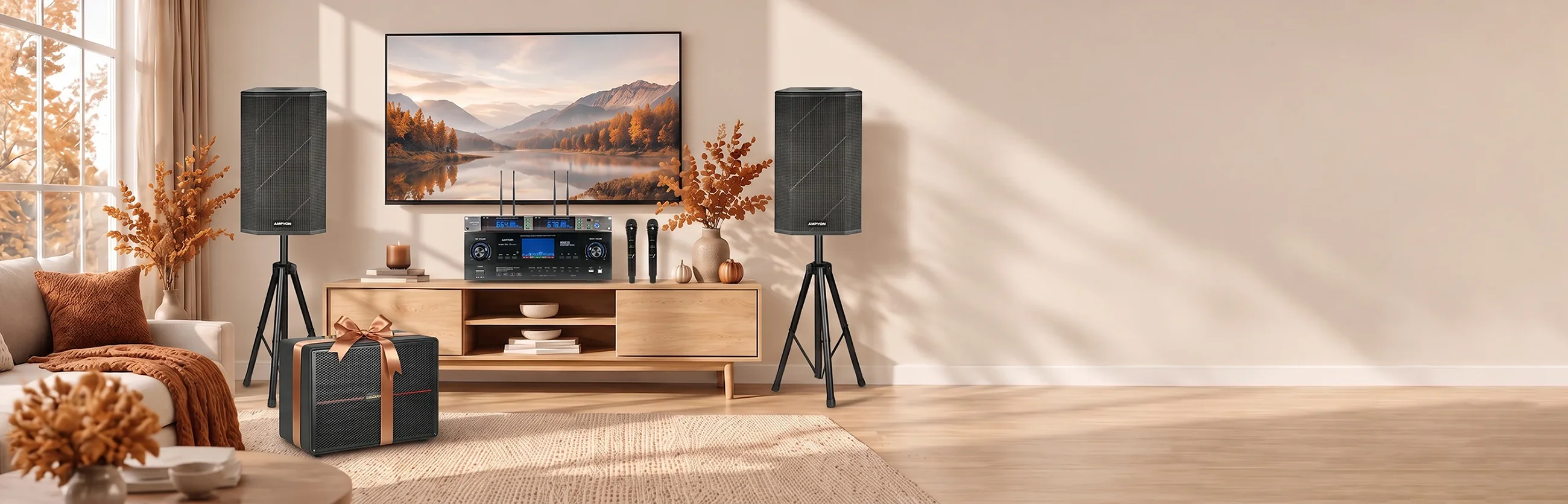 Fall karaoke sale featuring the Ampyon AKS-502 home karaoke system with a complimentary Starbox III portable karaoke system