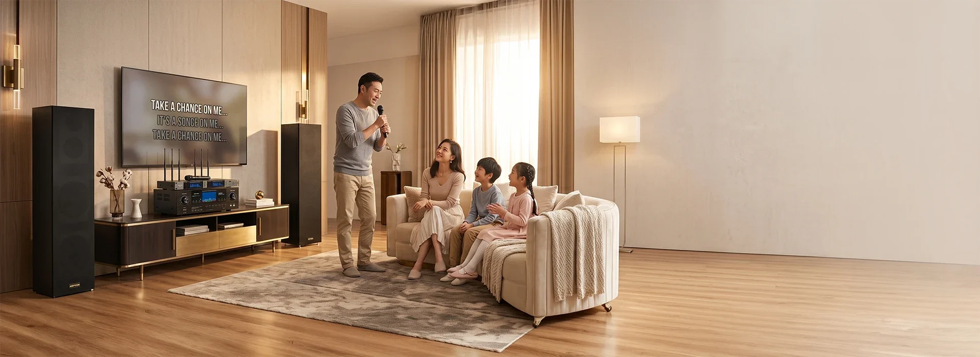 Asian family enjoying a Father’s Day karaoke moment at home with a karaoke system