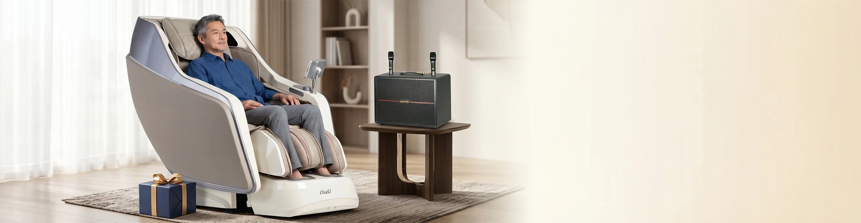 Father's Day sale banner featuring a massage chair and portable karaoke speaker.