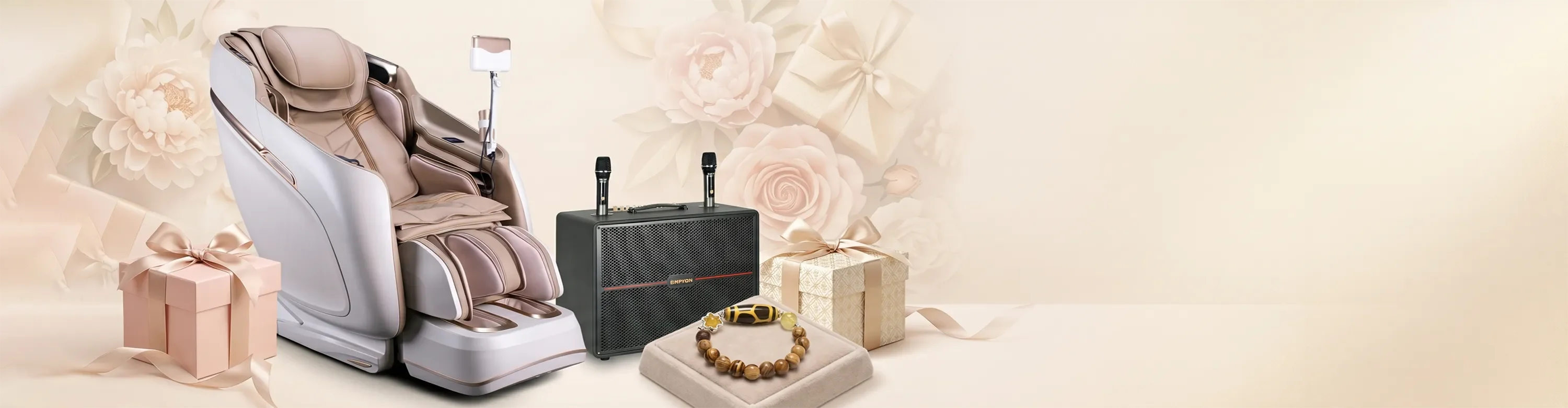 Banner quà tặng Ngày Của Mẹ với ghế massage, loa karaoke, vòng tay và hộp quà.