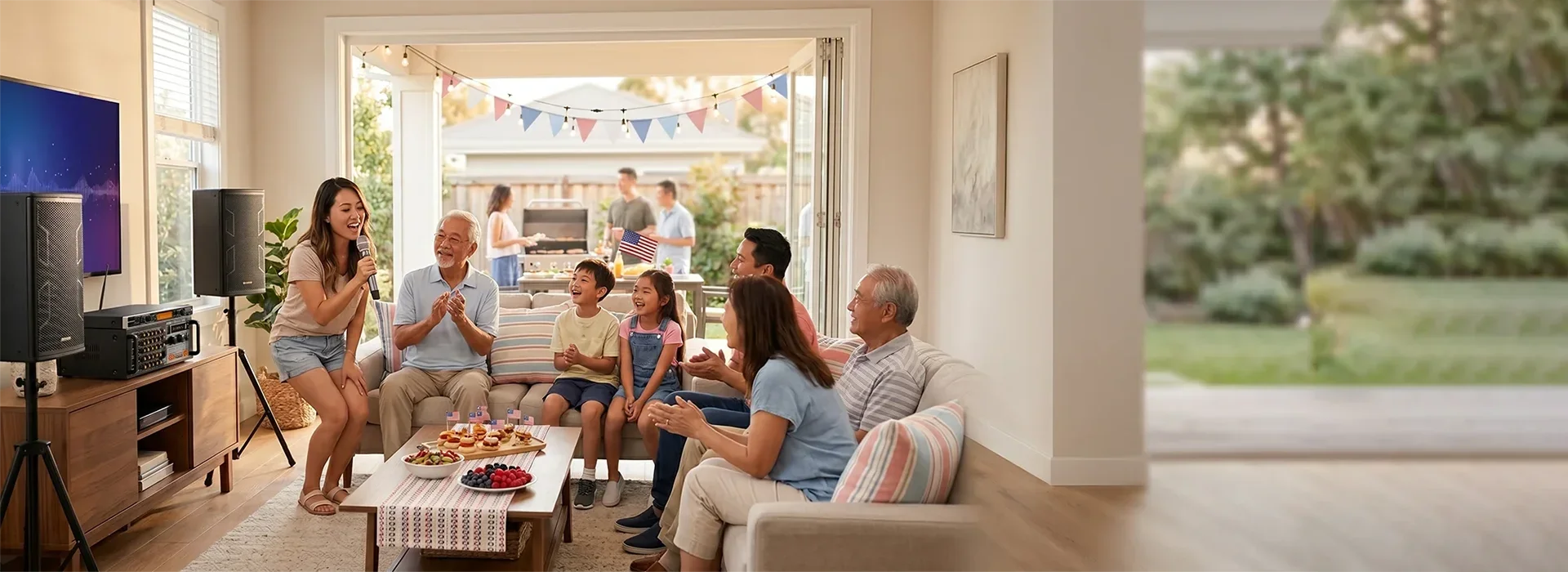 Family enjoying a July 4 karaoke gathering at home with an Ampyon karaoke system