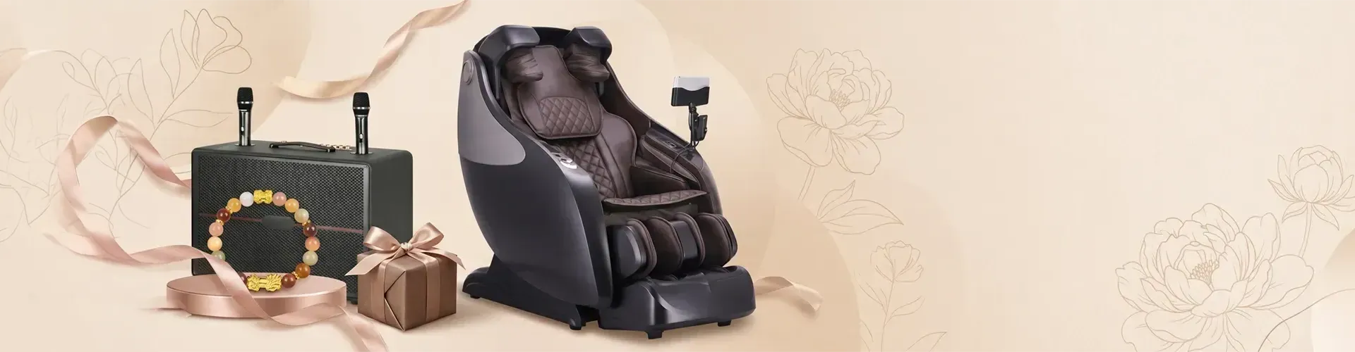 Banner quà tặng Ngày Của Mẹ với ghế massage, loa karaoke xách tay, vòng tay phong thủy, hộp quà và nền hoa nhẹ nhàng.