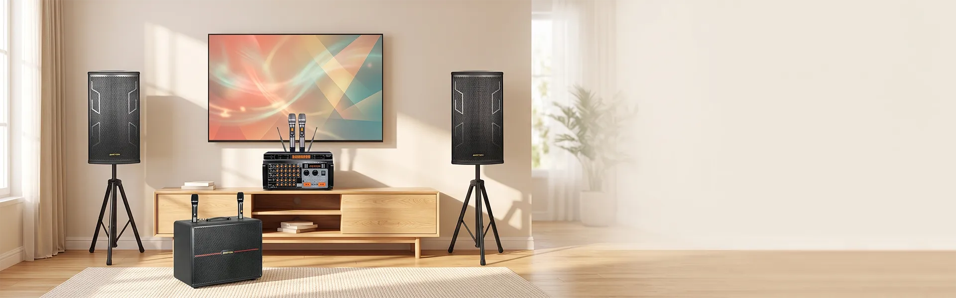 Summer karaoke sale featuring the AKS-405 home karaoke system with a complimentary Starbox III portable karaoke system