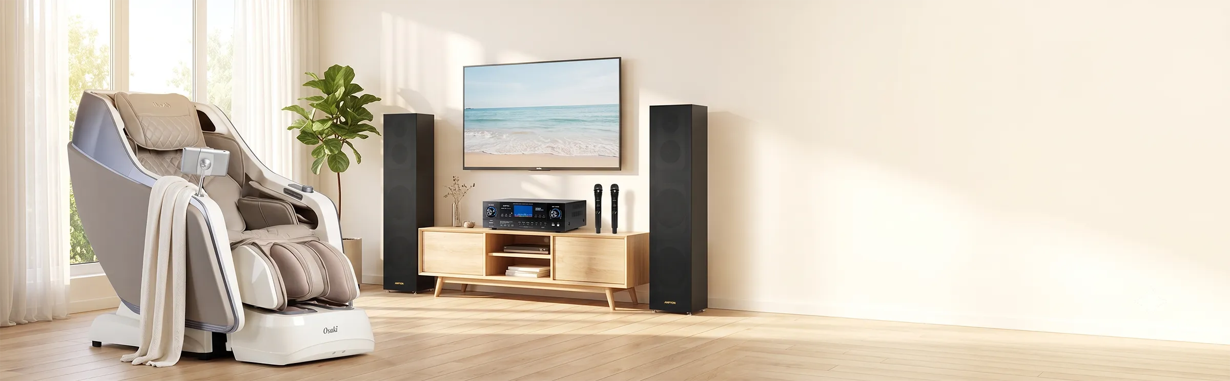 Tittac Summer Sale featuring home karaoke systems and premium massage chairs.