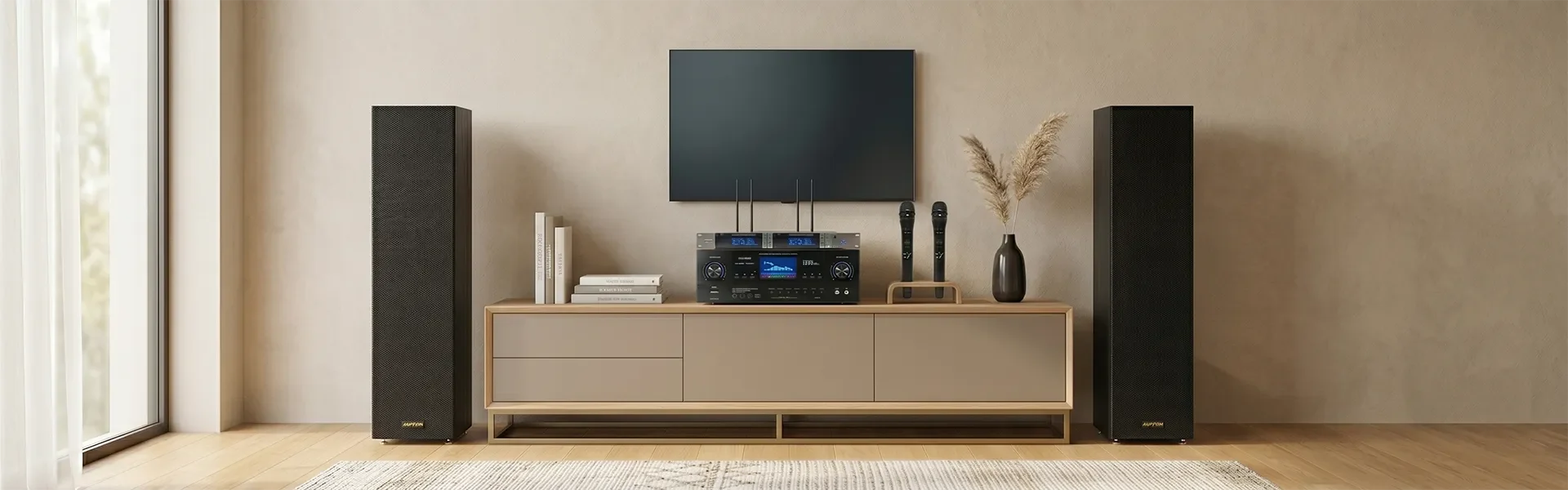 Home karaoke system with floor-standing speakers, amplifier, and wireless microphones