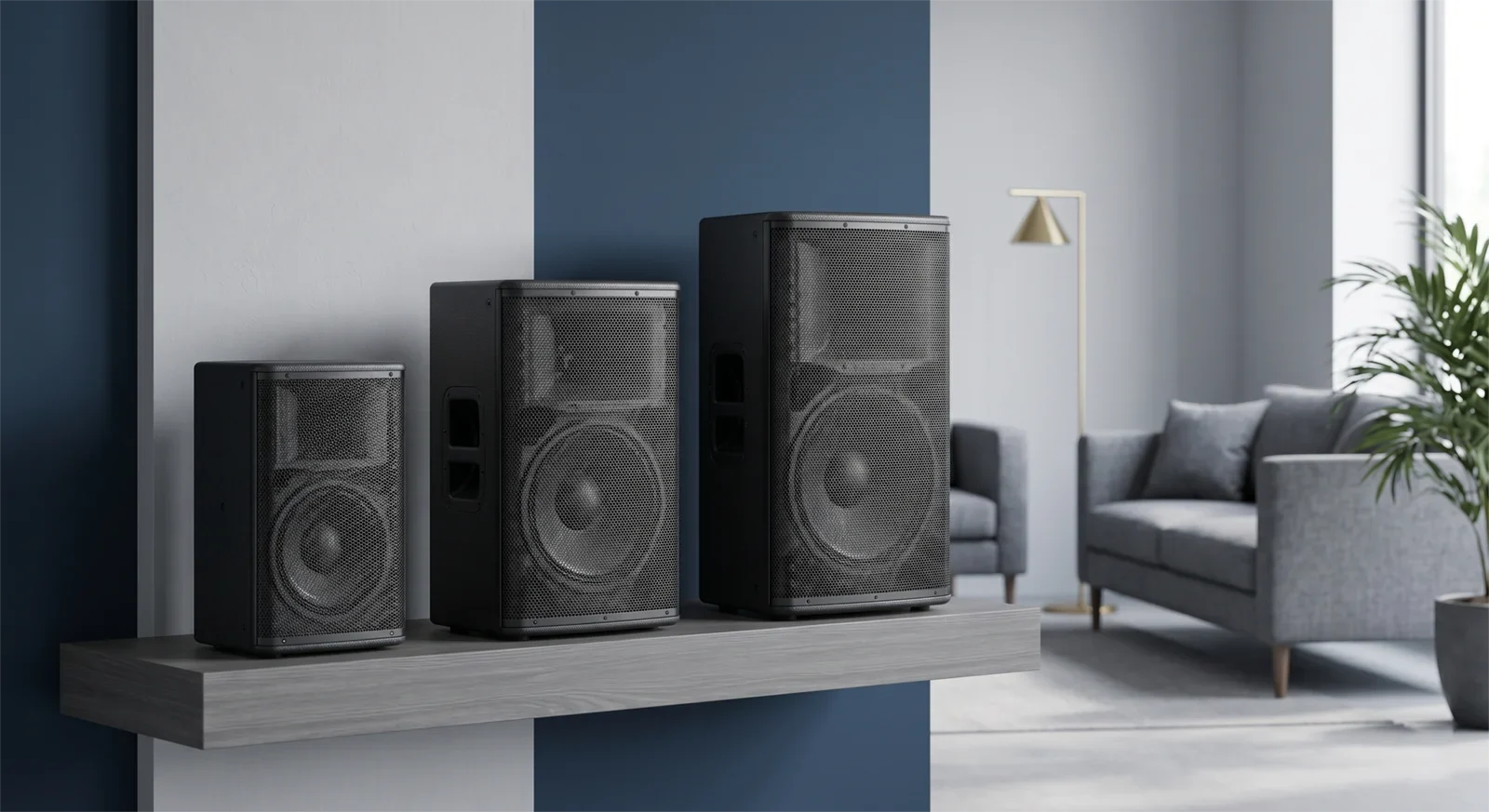 Comparison of compact, medium, and large karaoke speakers representing 10-inch, 12-inch, and 15-inch speaker size options.