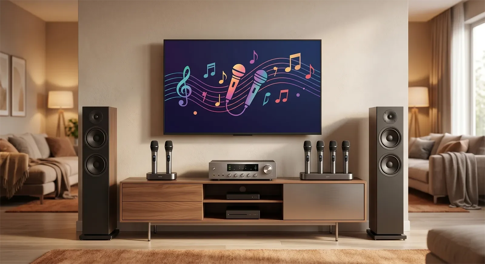 So sánh dàn karaoke 2 micro và dàn karaoke 4 micro trong phòng khách gia đình hiện đại