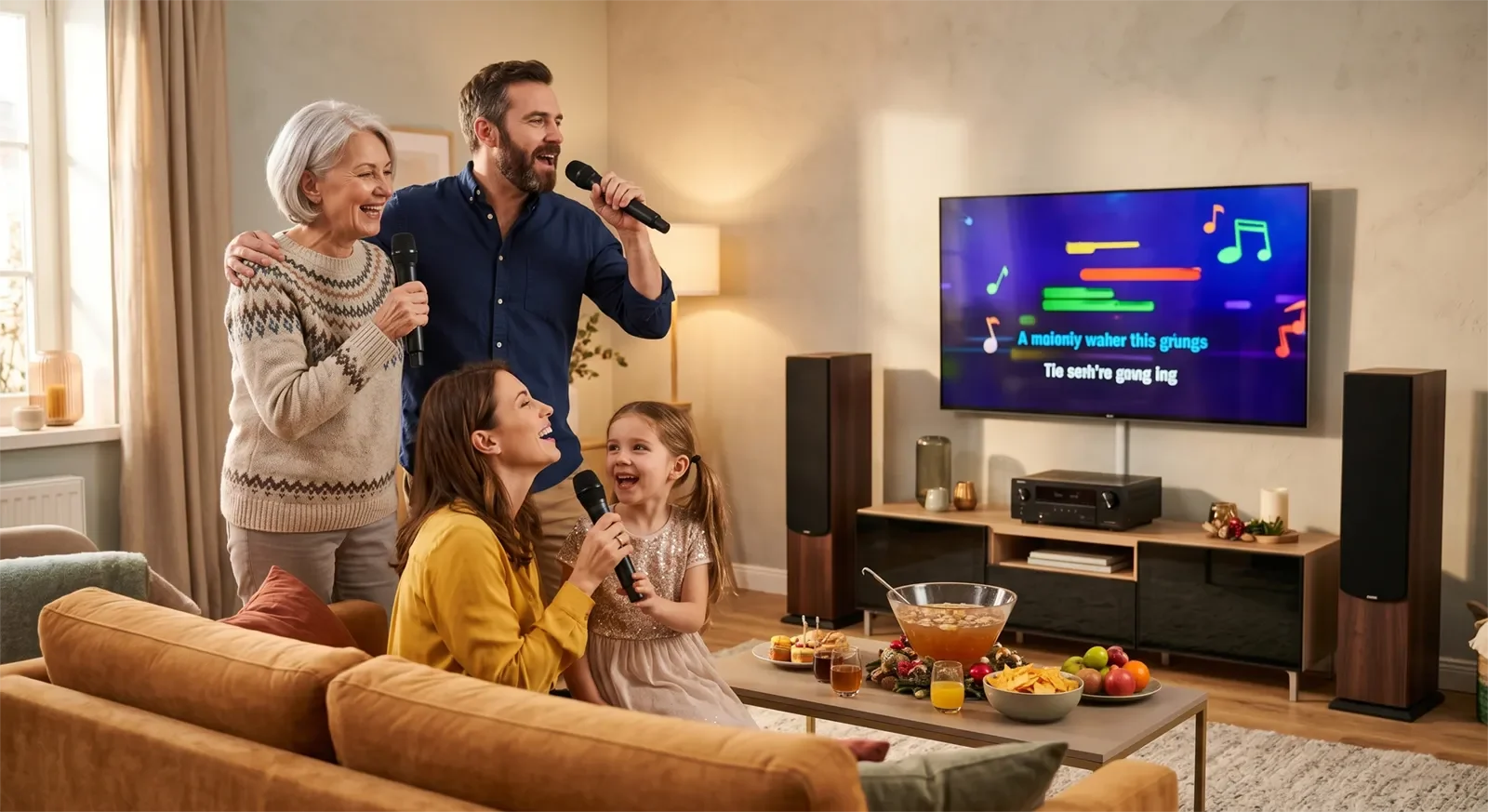 Gia đình hát karaoke tại nhà bằng dàn karaoke 4 micro trong buổi tụ họp đông người