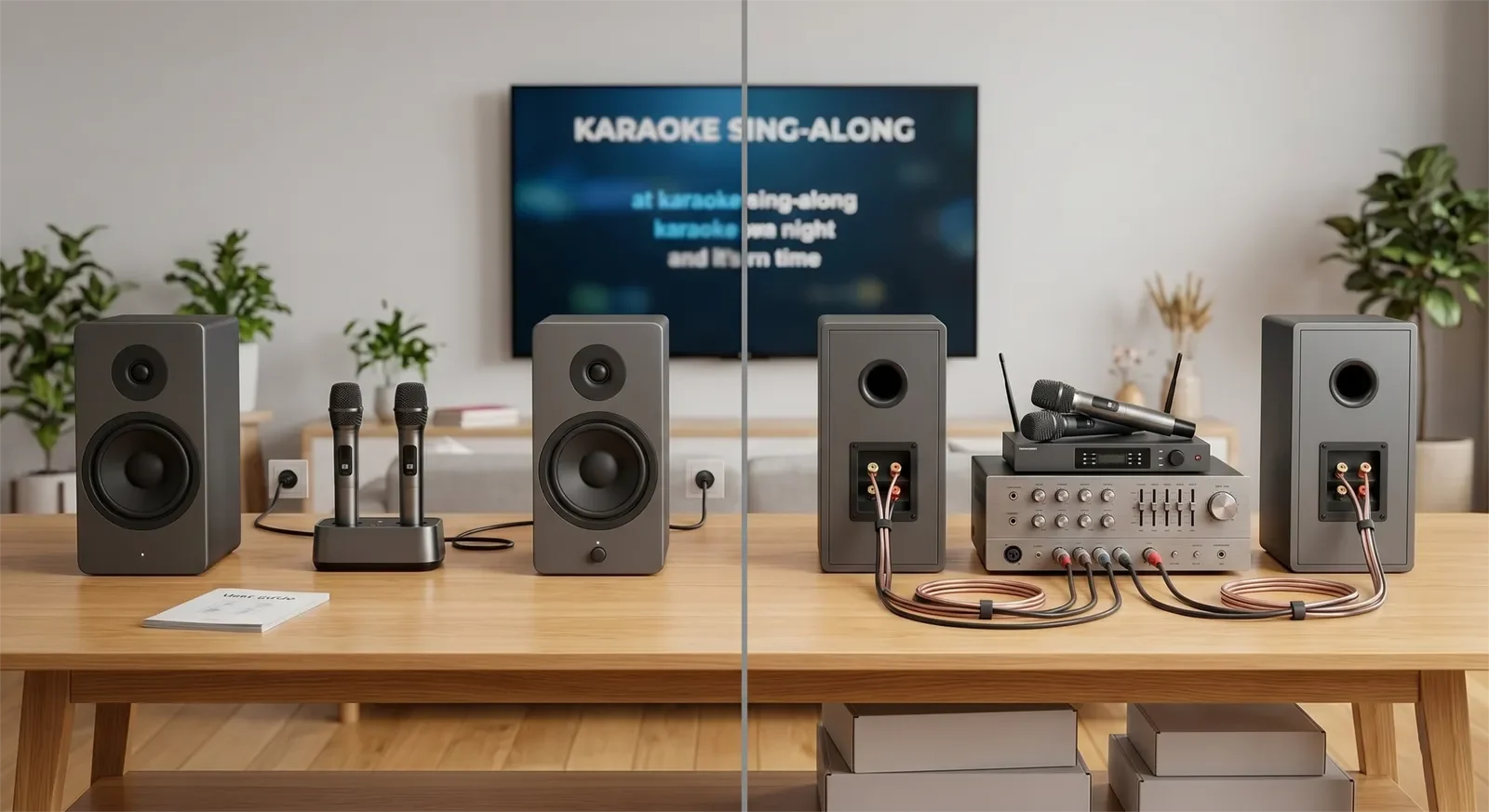 Active speaker with built-in amplification compared with passive speaker connected to an external karaoke amplifier