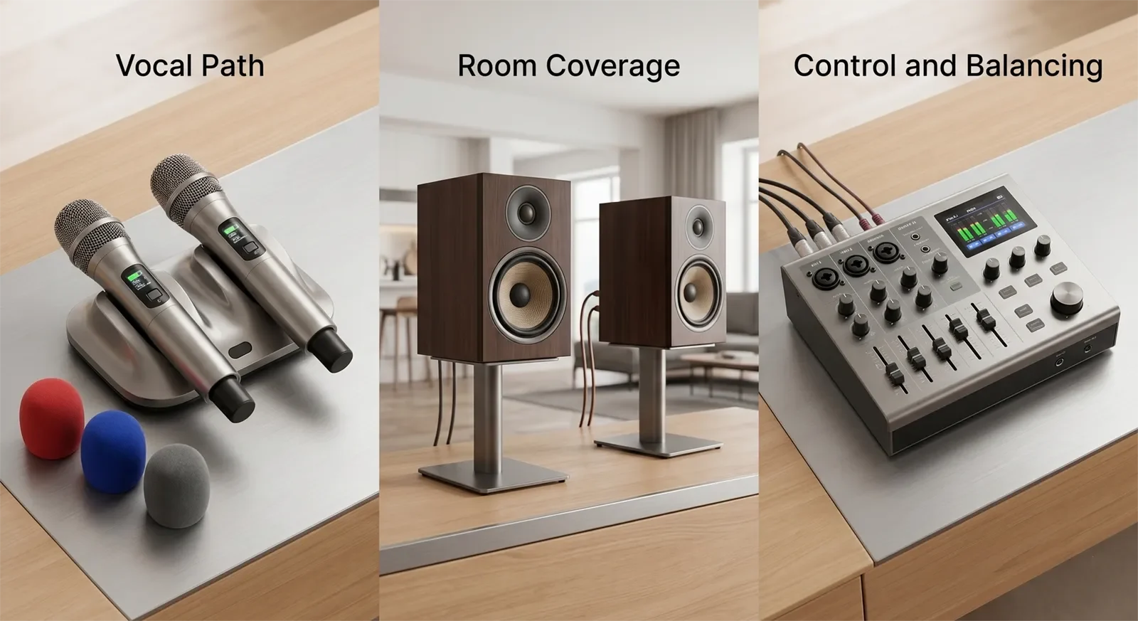 Home karaoke speaker setup trade-off between simple active speakers and flexible passive speakers with amplifier