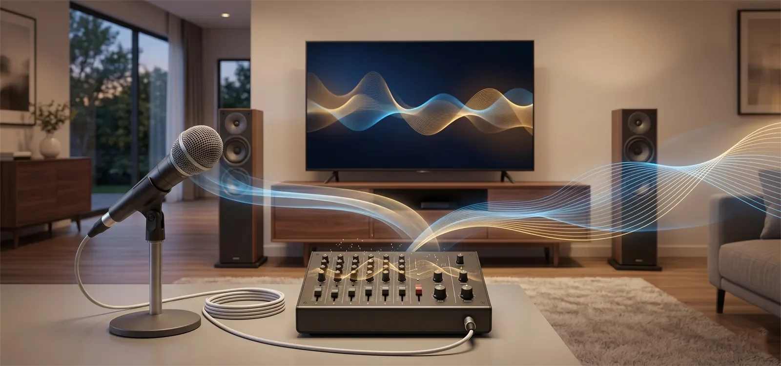 Home karaoke system with microphone, mixer, amplifier, and speakers for advanced EQ tuning.