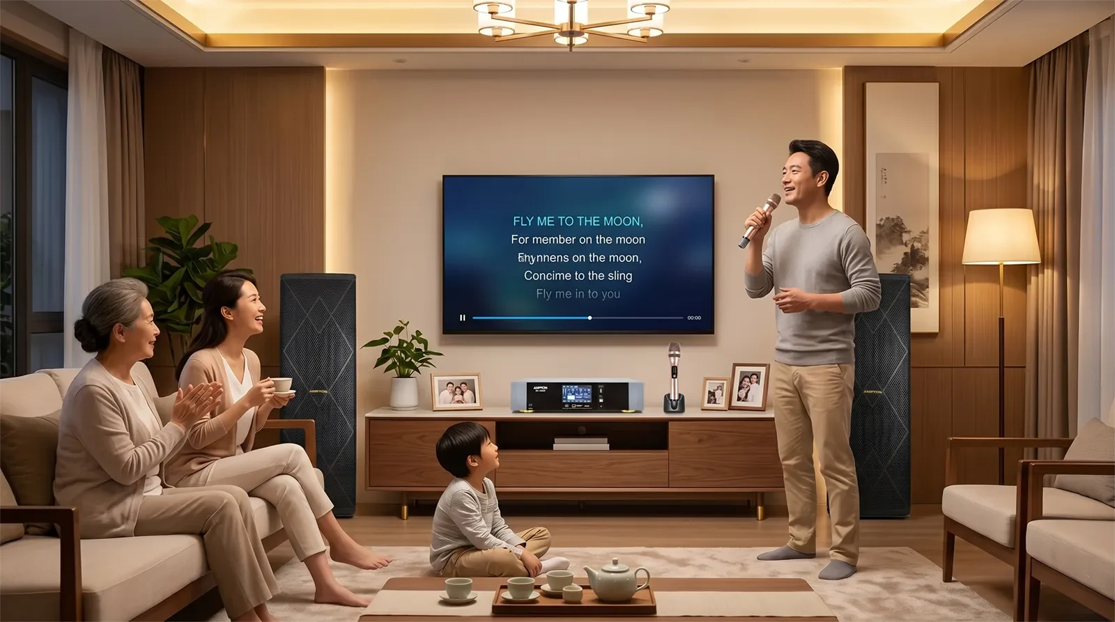 Dàn karaoke Ampyon AKS-403 loa đứng được setup trong phòng khách gia đình Á châu hiện đại