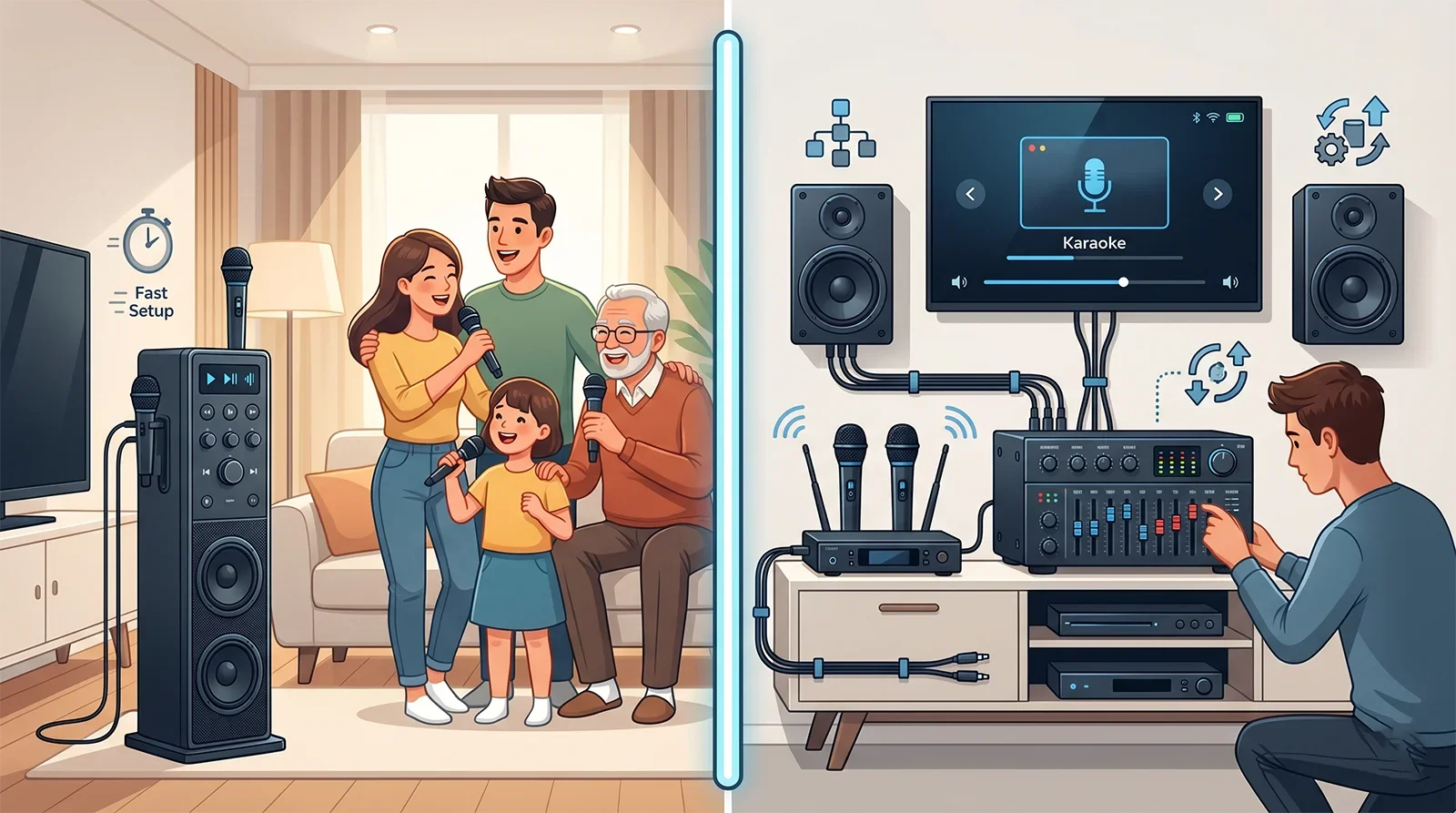 Visual comparison of all-in-one and component karaoke systems showing simplicity, fewer cables, separate parts, control, and upgrade flexibility.