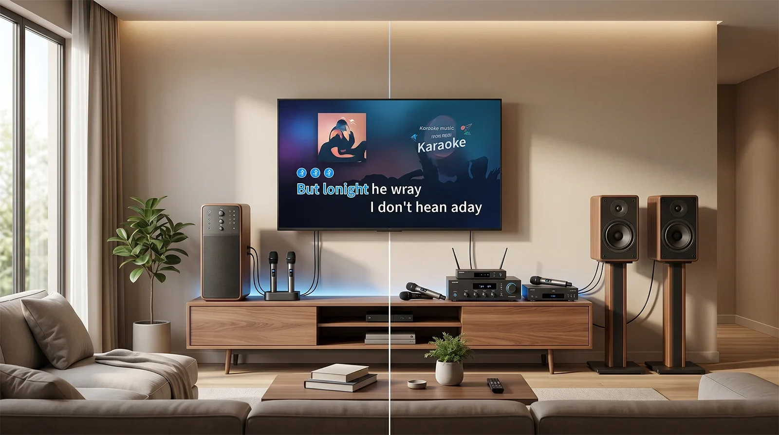 All-in-one karaoke system and component karaoke system shown side by side in a modern home living room.