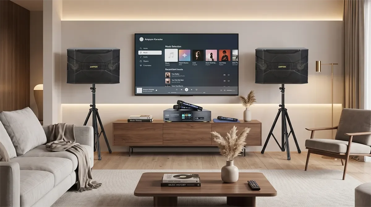 Ampyon AKS-301 compact digital karaoke system set up in a modern home entertainment room