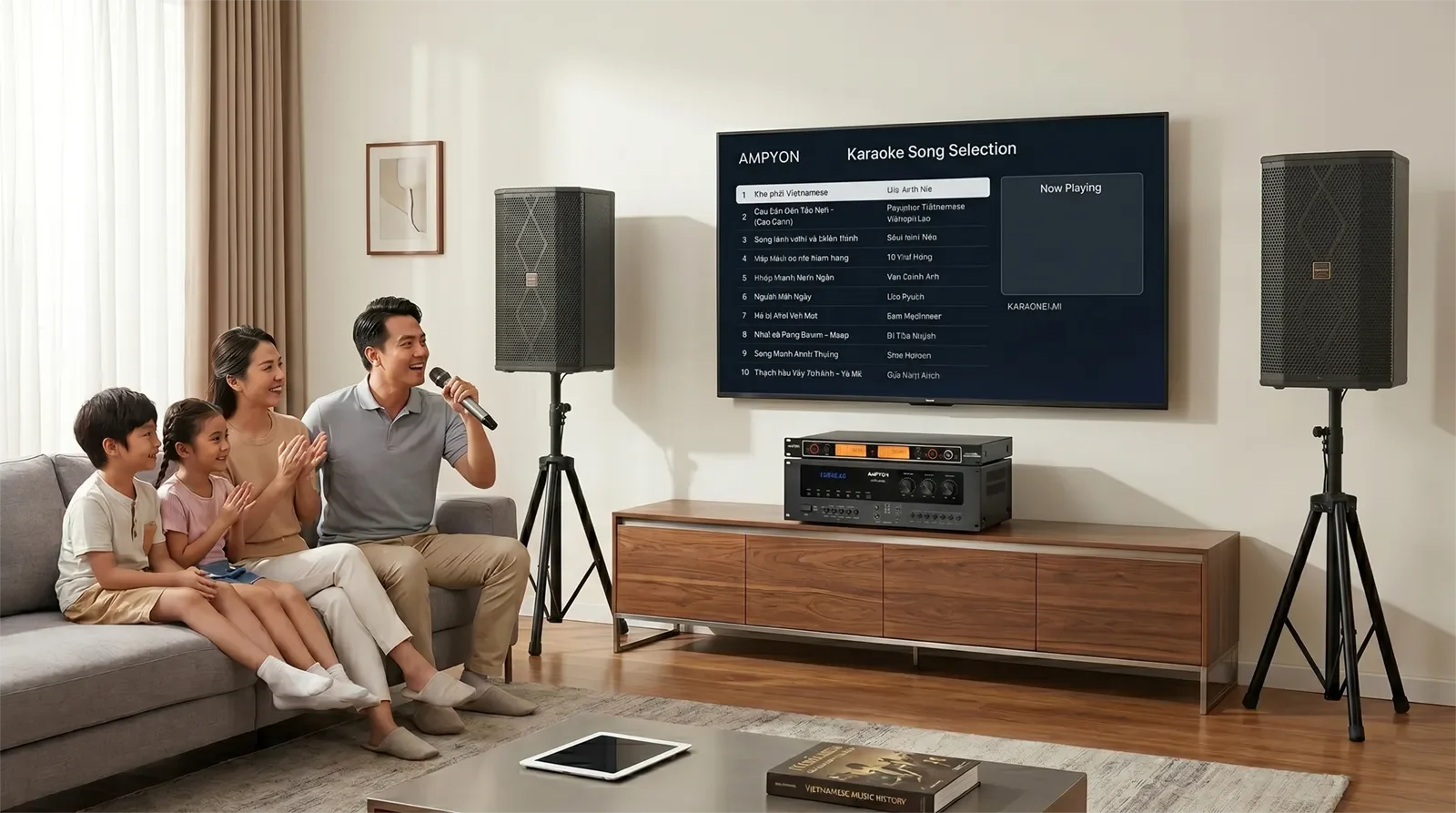 Dàn karaoke Ampyon AKS-303 được setup trong phòng karaoke gia đình hiện đại