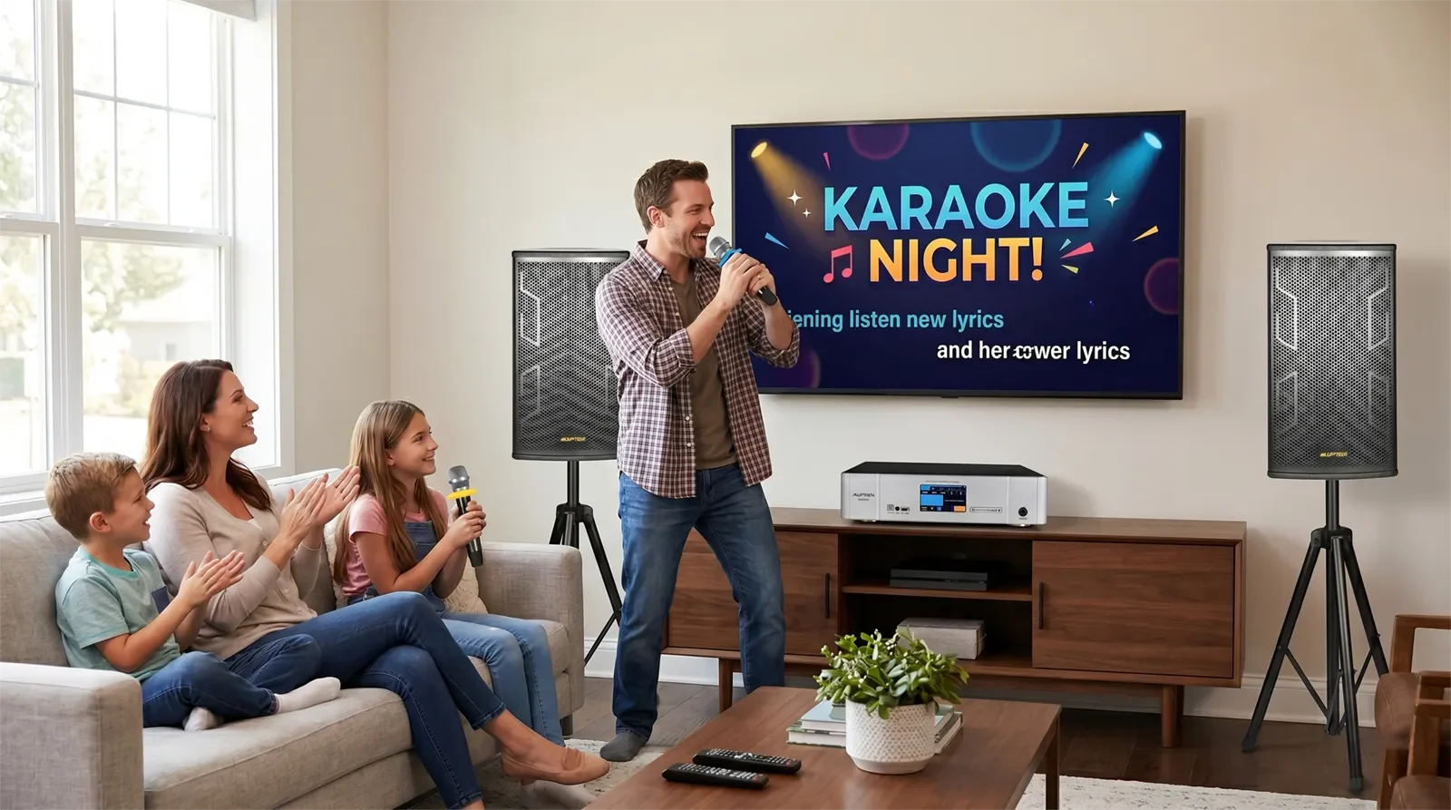 Ampyon AKS-401 easy digital karaoke system set up in a modern home entertainment room